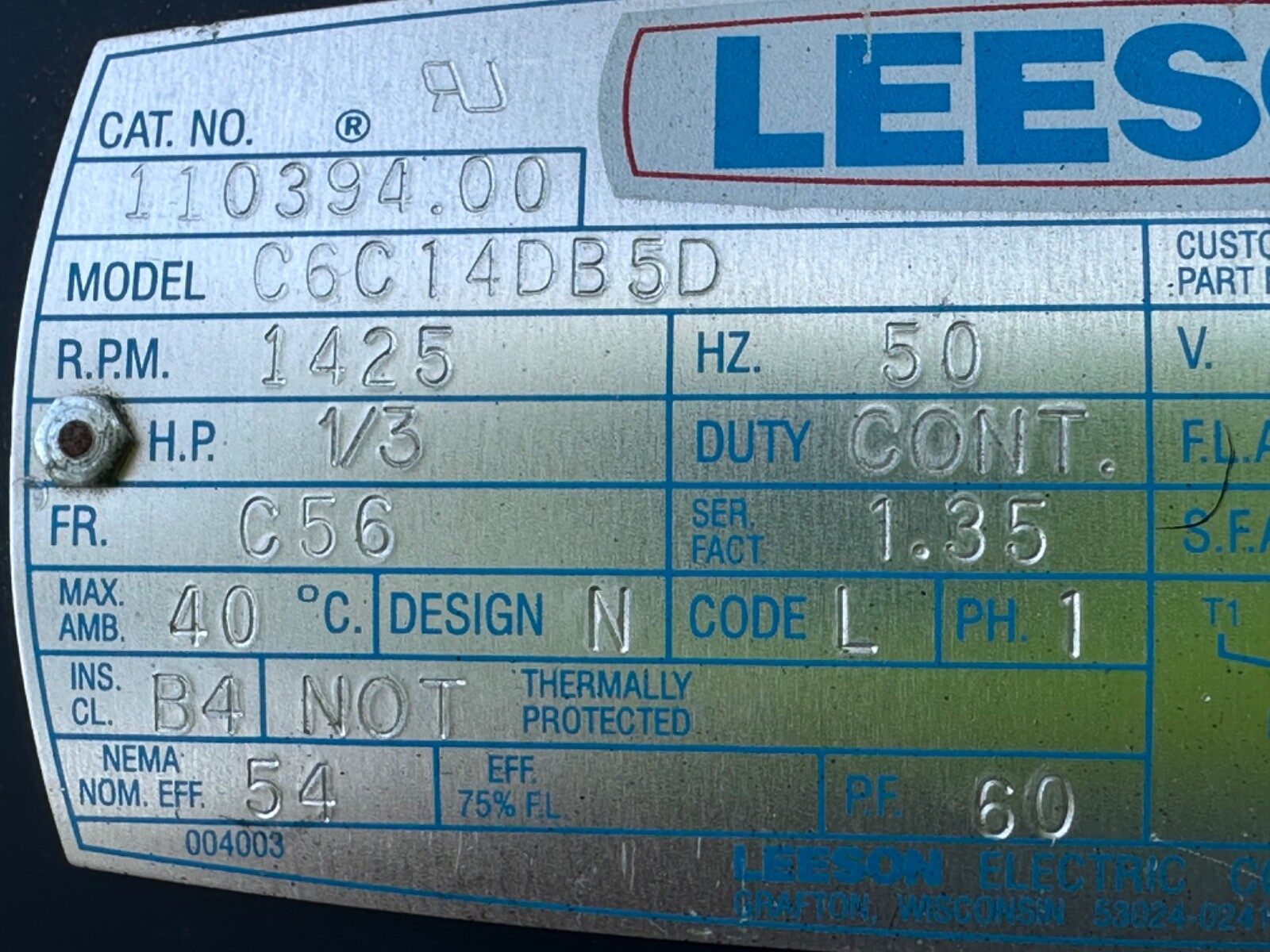 Leeson 110394.00 Electric Motor 1/3HP 1425RPM 110/230V Model C6C14DB5D
