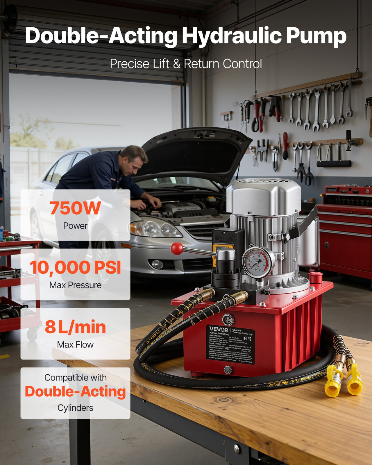 Electric Hydraulic Pump, 750W 10,000 PSI, 120V Double Acting Electric Driven Hyd