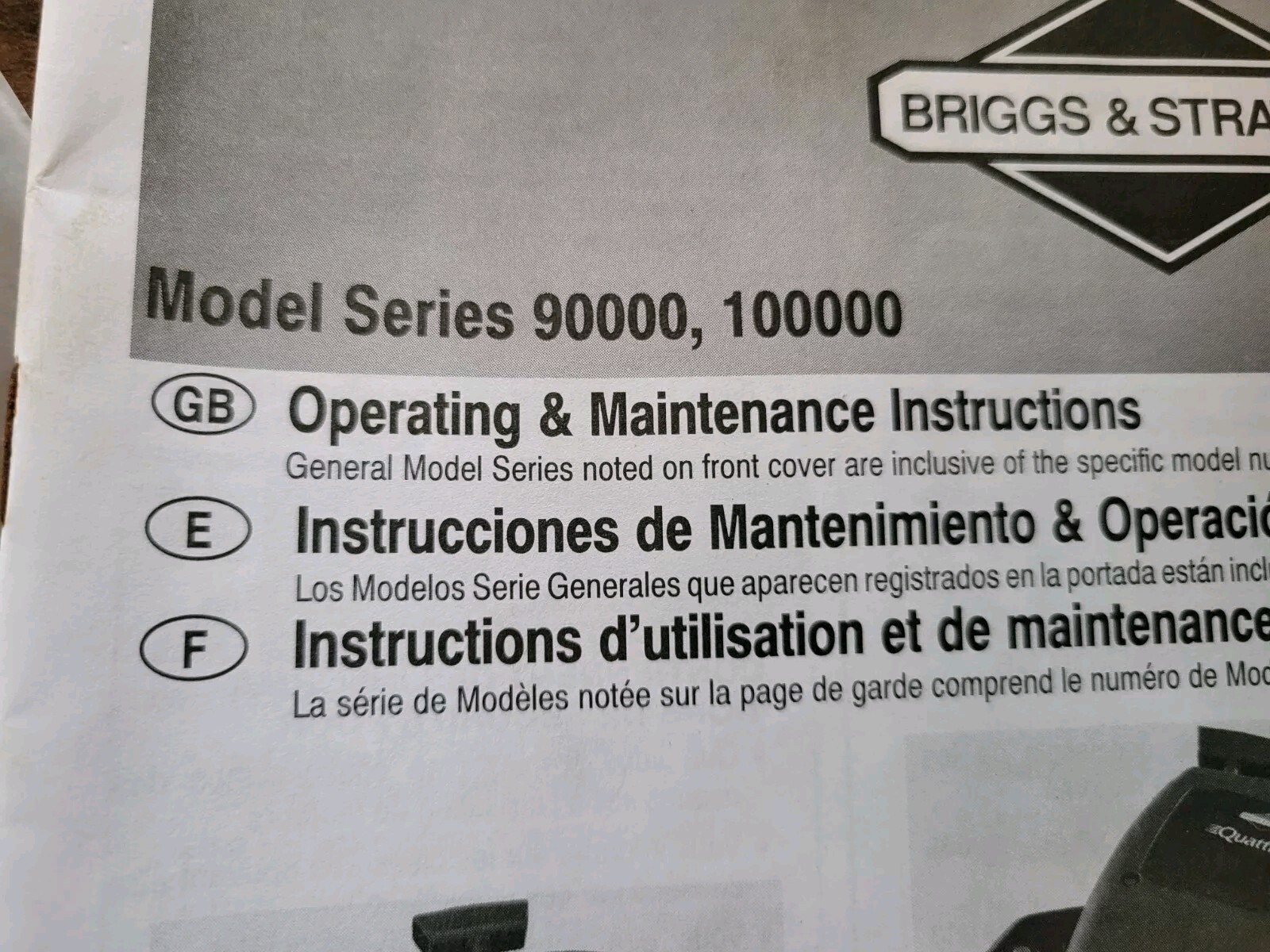 Briggs & Stratton Engine Operating Manual Model Series 90000, 100000 Date 2005