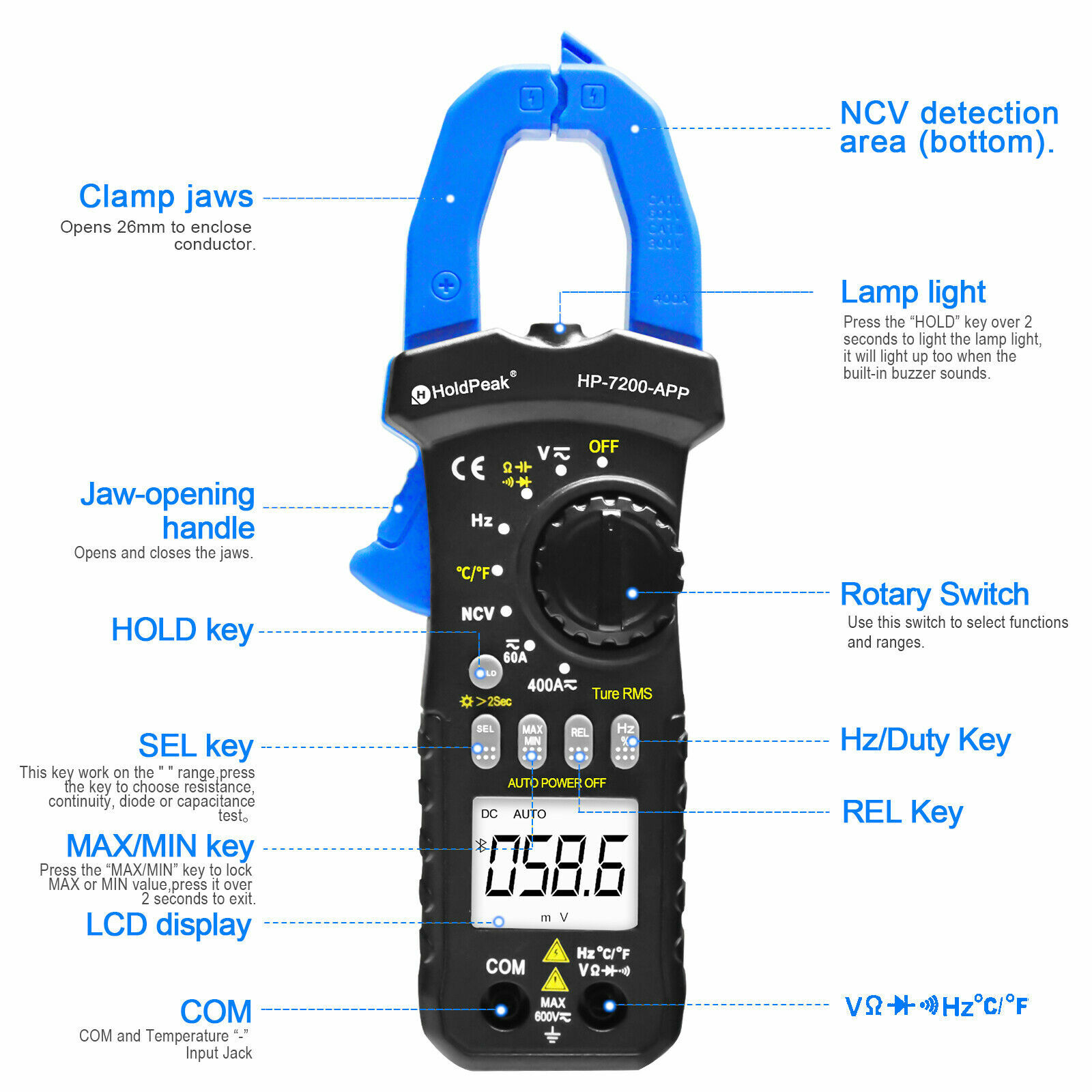 TRMS 6000 Counts Digital Clamp Meter with Bluetooth for AC DC Amp Volt Ohm Test