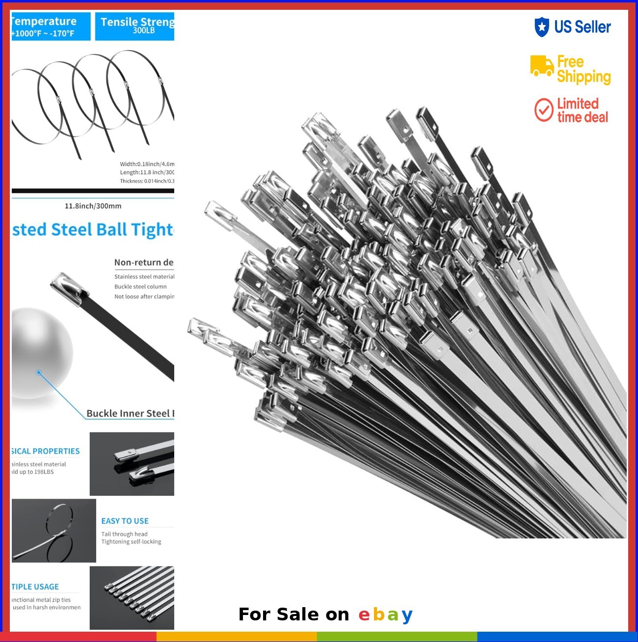 Stainless Steel Zip Ties 11.8 Inch 300lbs Tensile Strength 600 Pack Heavy Duty