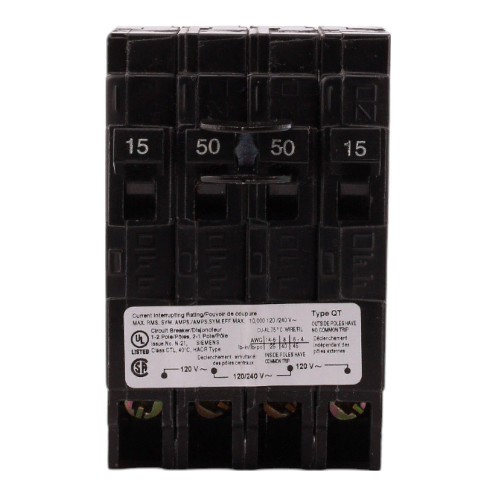 NEW Siemens Q21550CT2 Circuit Breaker 15/50 amps Standard 4-Pole, Type QT