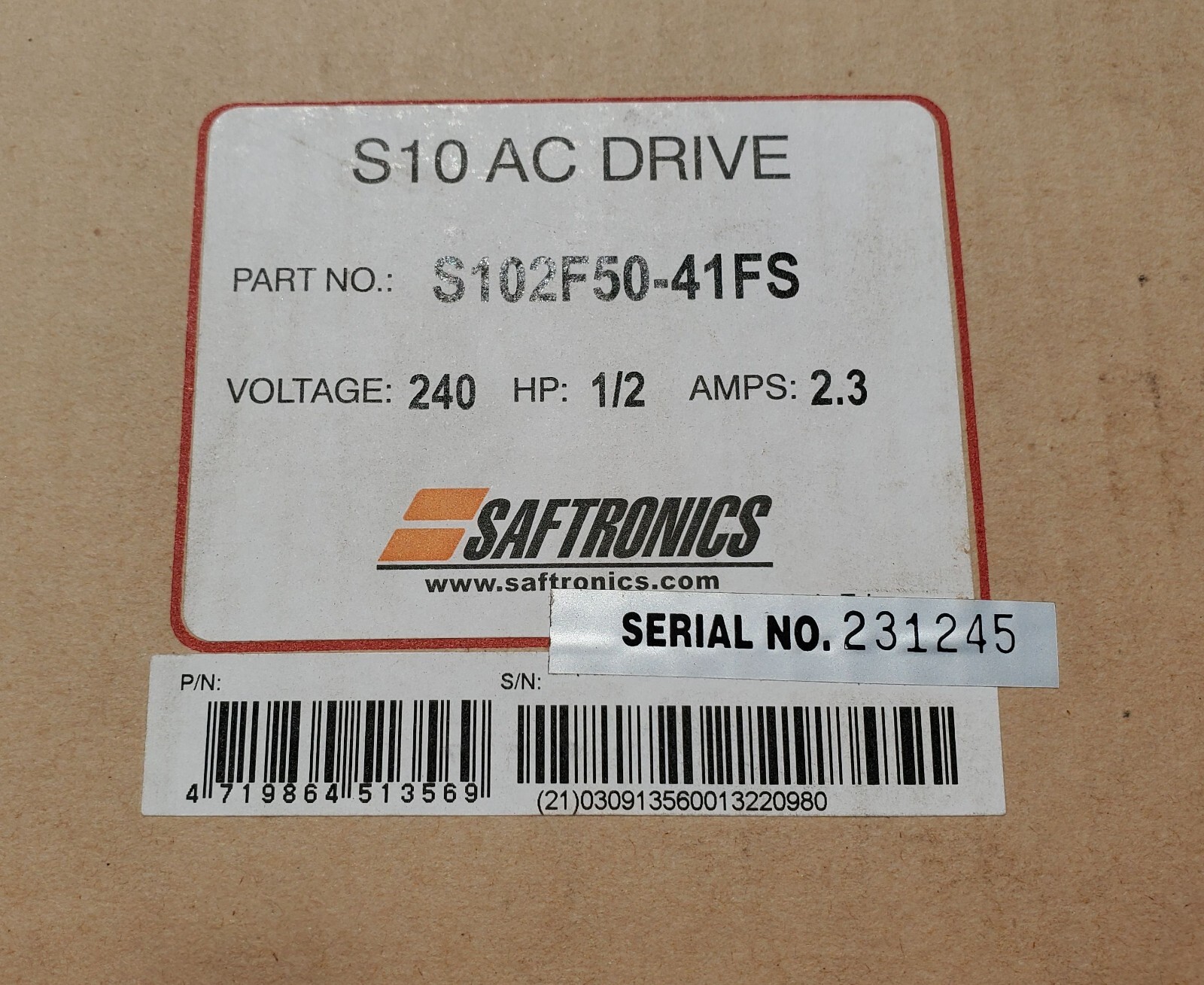 One(1) Saftronics S102F50-41FS S10 AC Drive – 240 VAC 0.5 HP 2.3 Amps