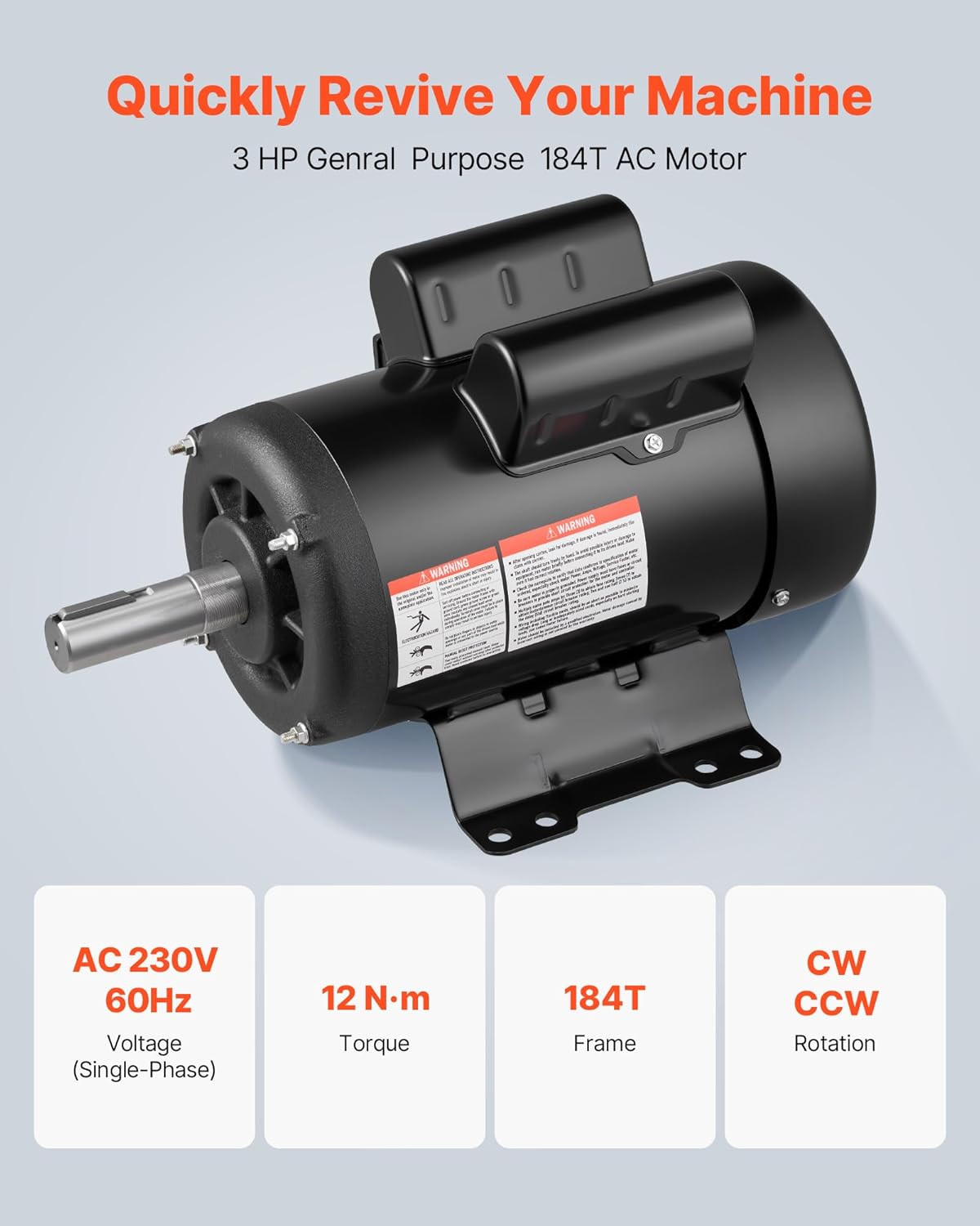 3 HP Electric Motor 1750 RPM, Single Phase 230V, 1.125in Shaft, 184T Frame