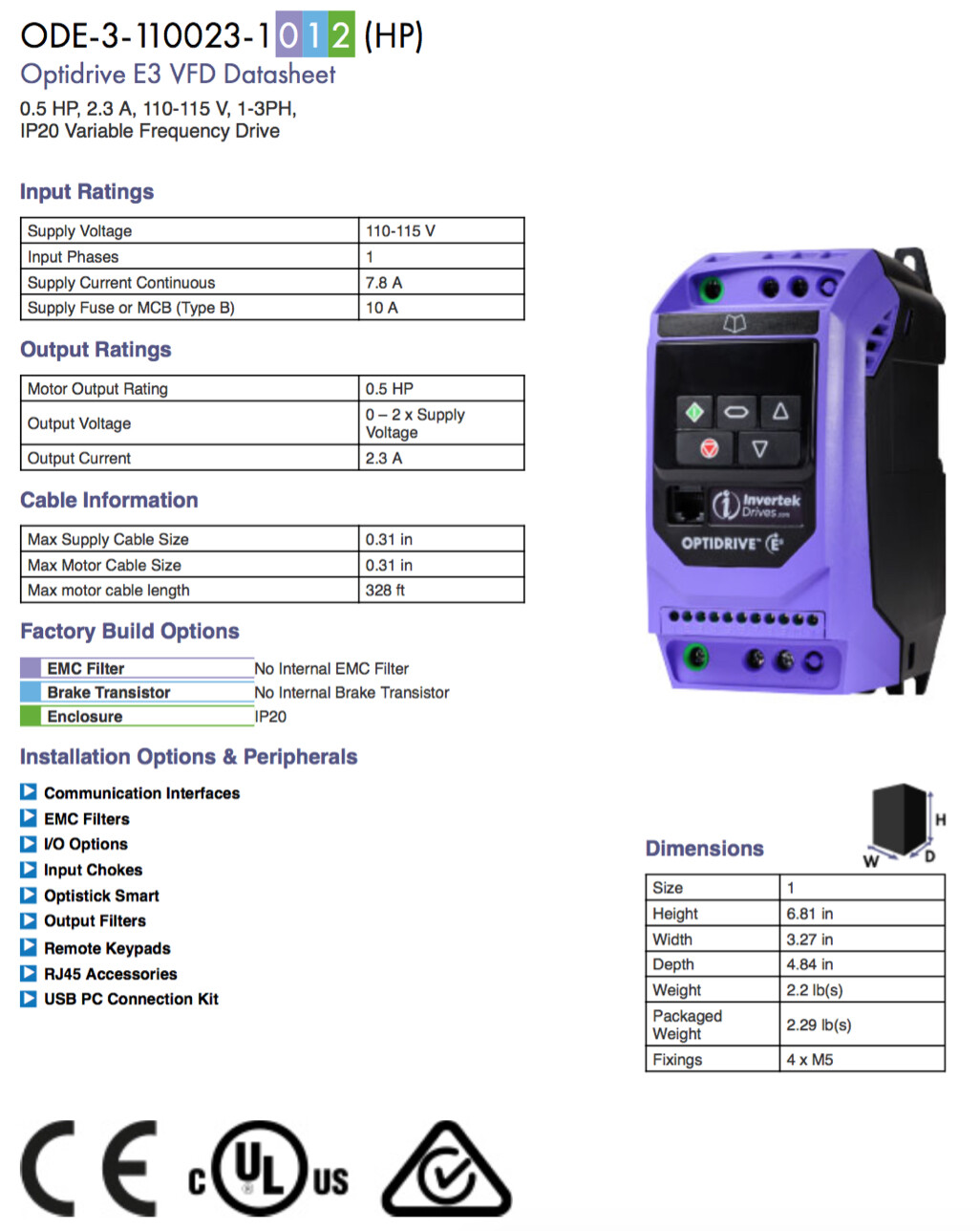 ODE-3-110023-1012 Invertek VFD 0.5HP 2.3A 110V-115V 1Ph/3Ph VFDexchange