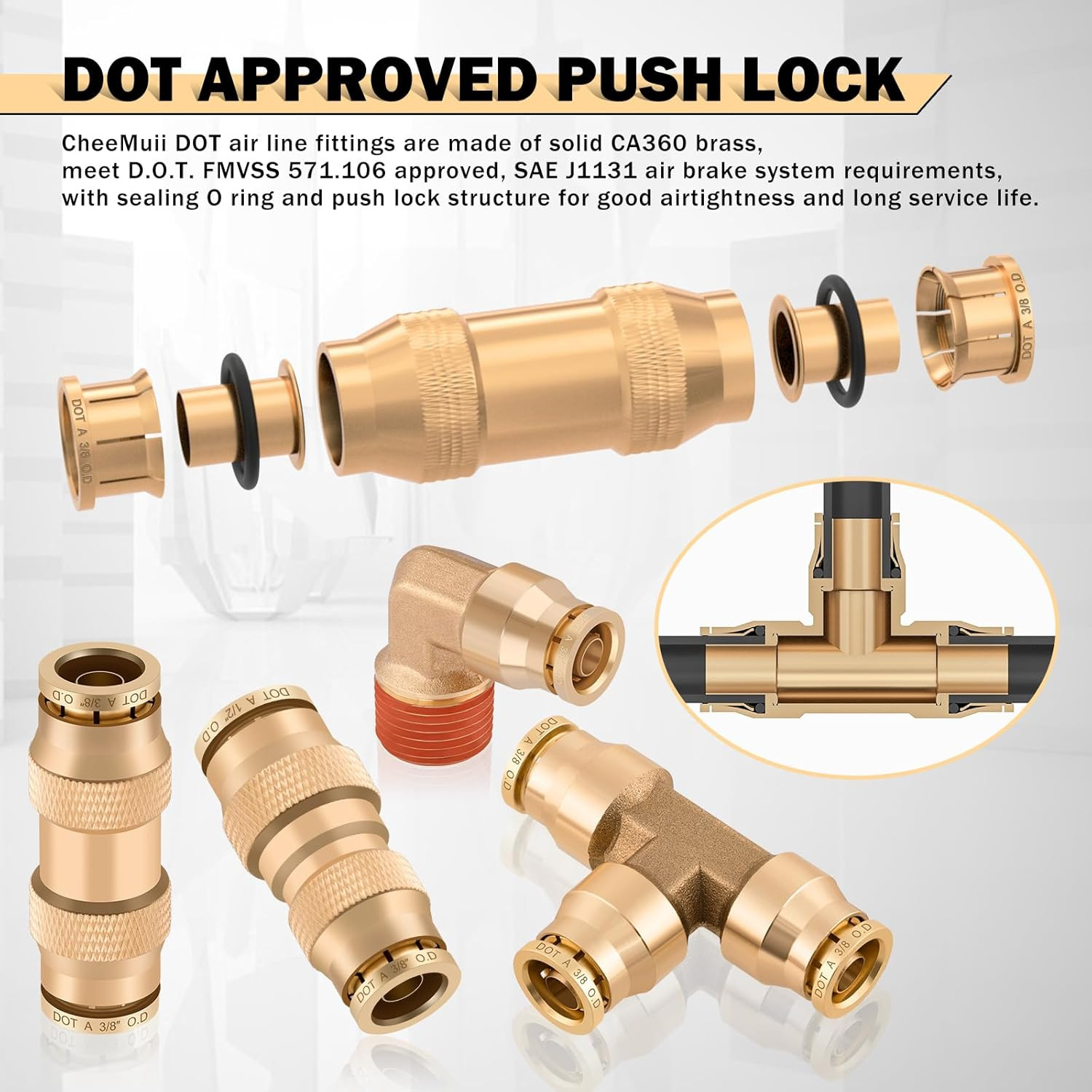 124 PCS Brass DOT Air Line Fittings with 4 Roll 50FT 1/8″ 1/4″ 3/8″ 1/2″ DOT Air