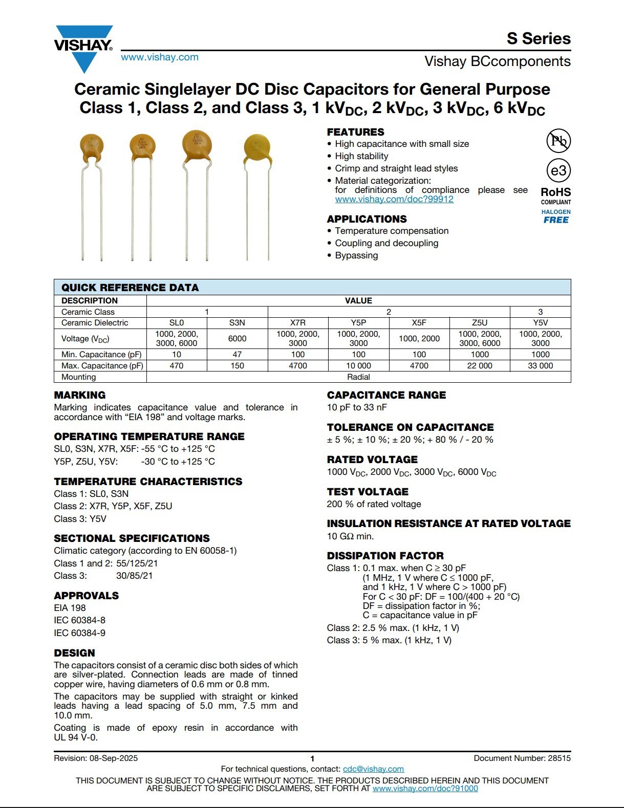 100 PCS S151K33SL0N63L6R Vishay 150 pF ±10% 1000V 1KV Ceramic Capacitor Class 1