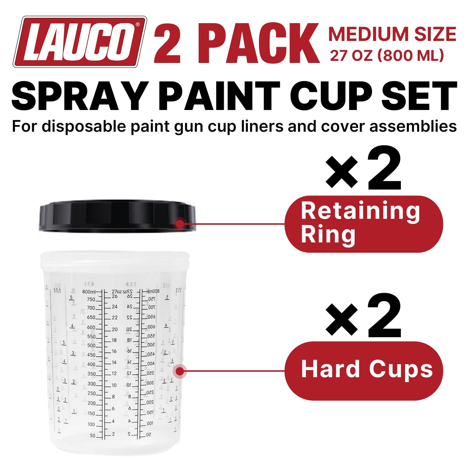 LAUCO 2 Pack Paint Spray Gun Hard Cup Set, 800ML (27 Oz) Reusable Mixing Cups