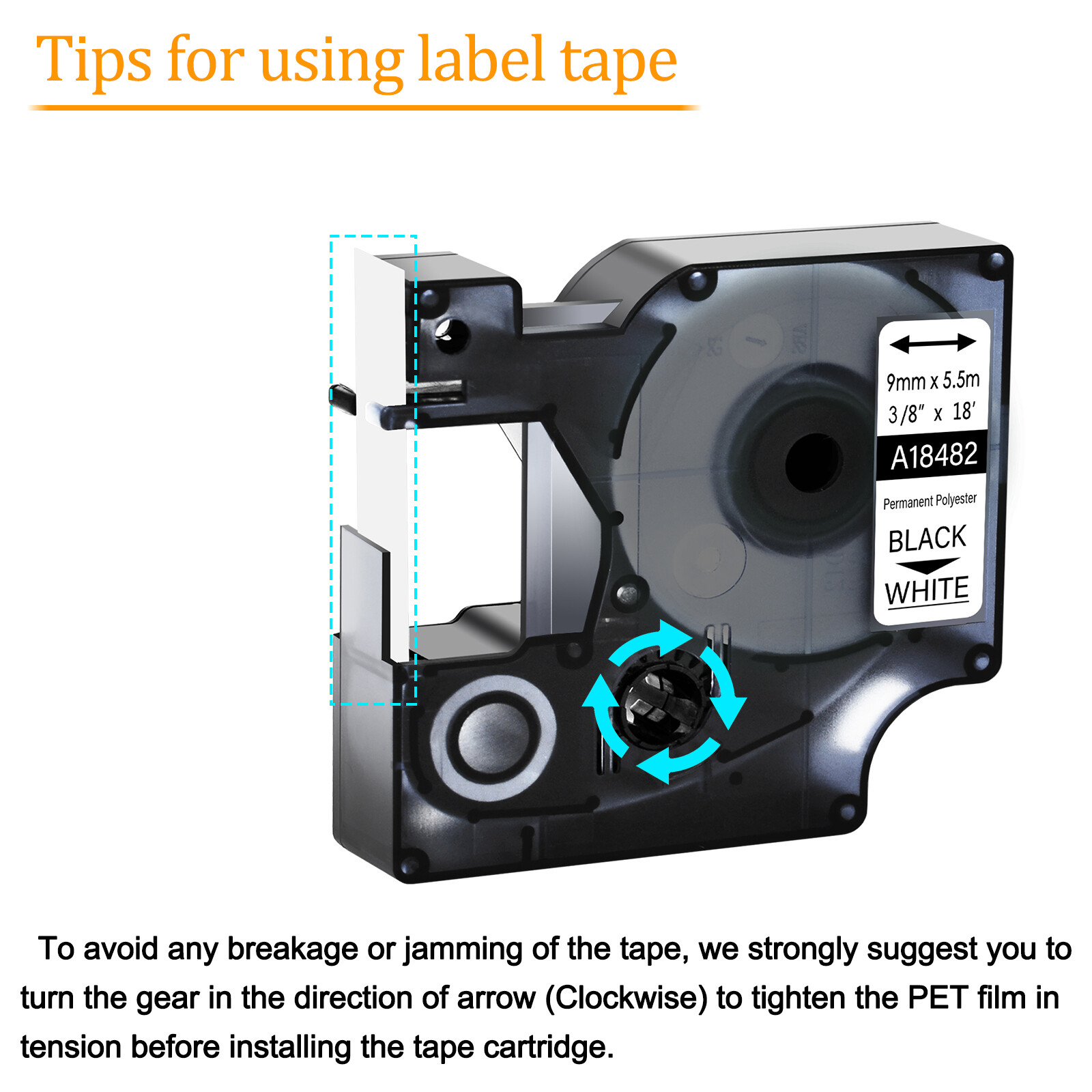 20PK 18482 IND Permanent Polyester Label Tape for Dymo Rhino Black on White 3/8″