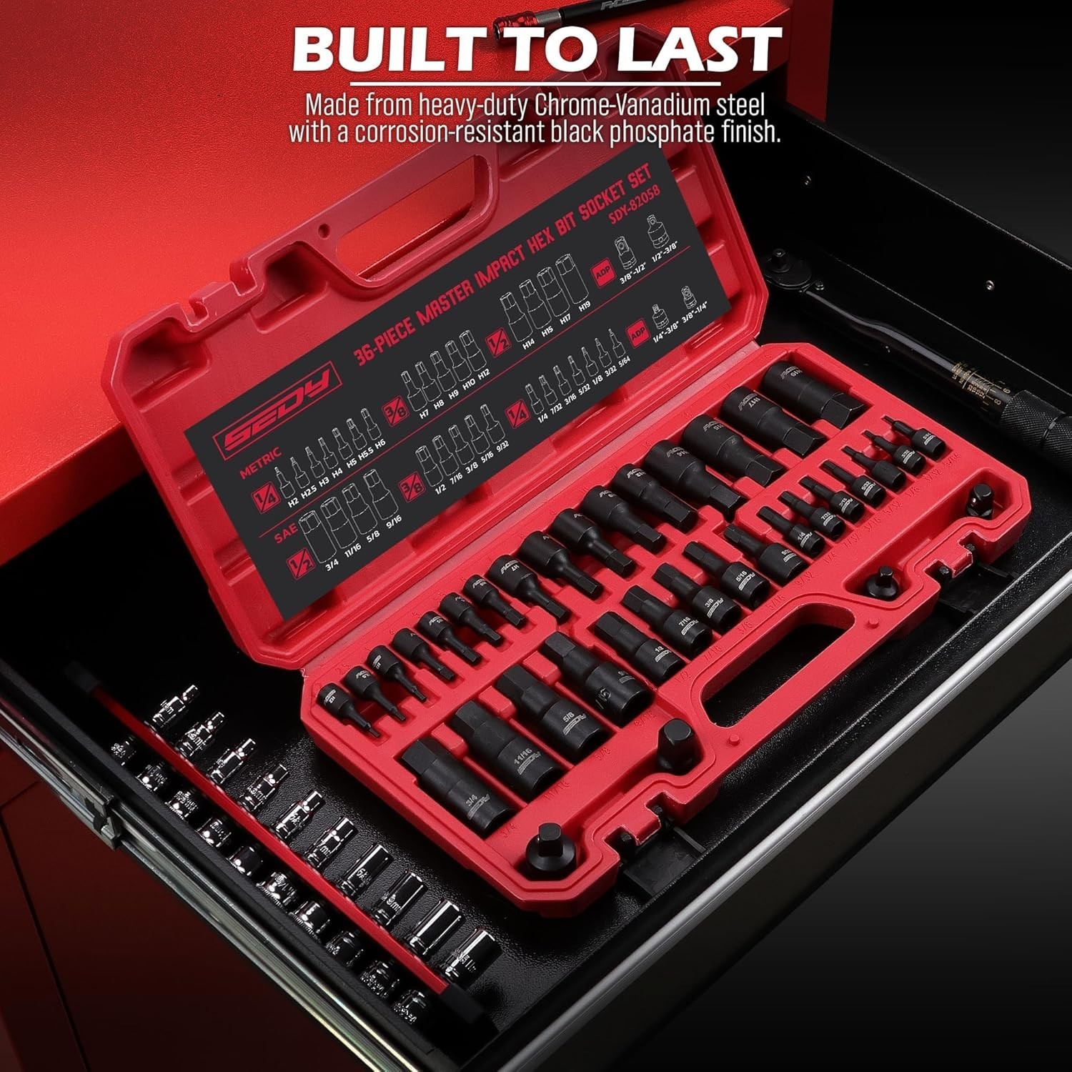 Hex Bit Impact Socket Set: 36-Piece with 4 Adapters, 1/4″ One Size, Black