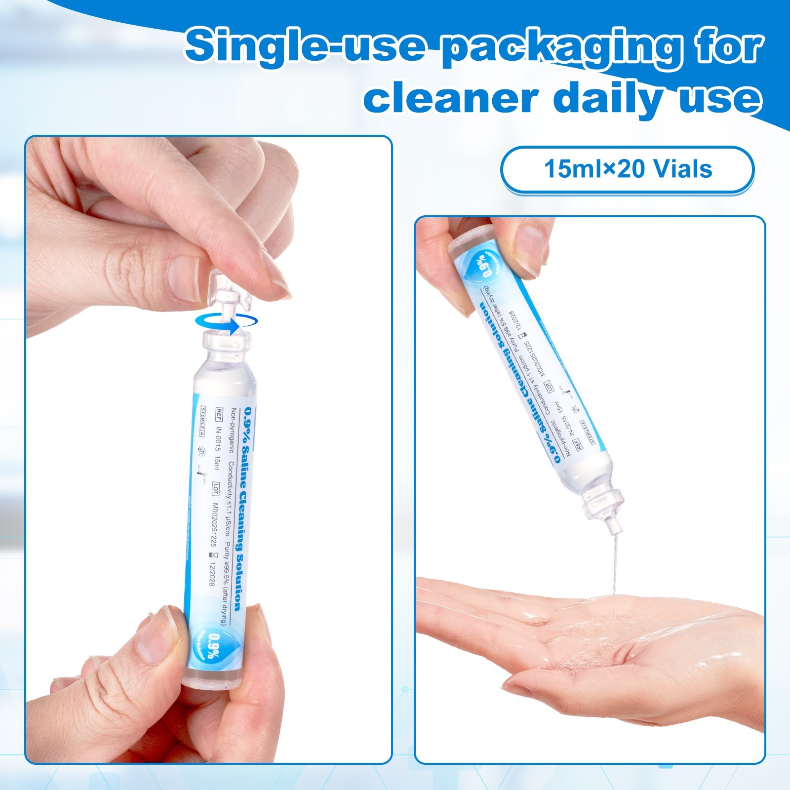 0.9% Saline Cleaning Solution, Normal Solution, 15ml Each, 20 per Box