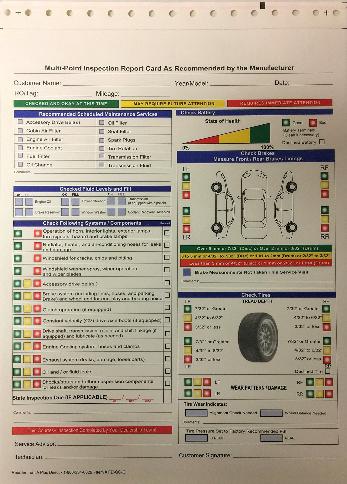 Multi-Point Inspection Form 2 Part Carbonless 8.5″ X 11.75″ – Great for Repair