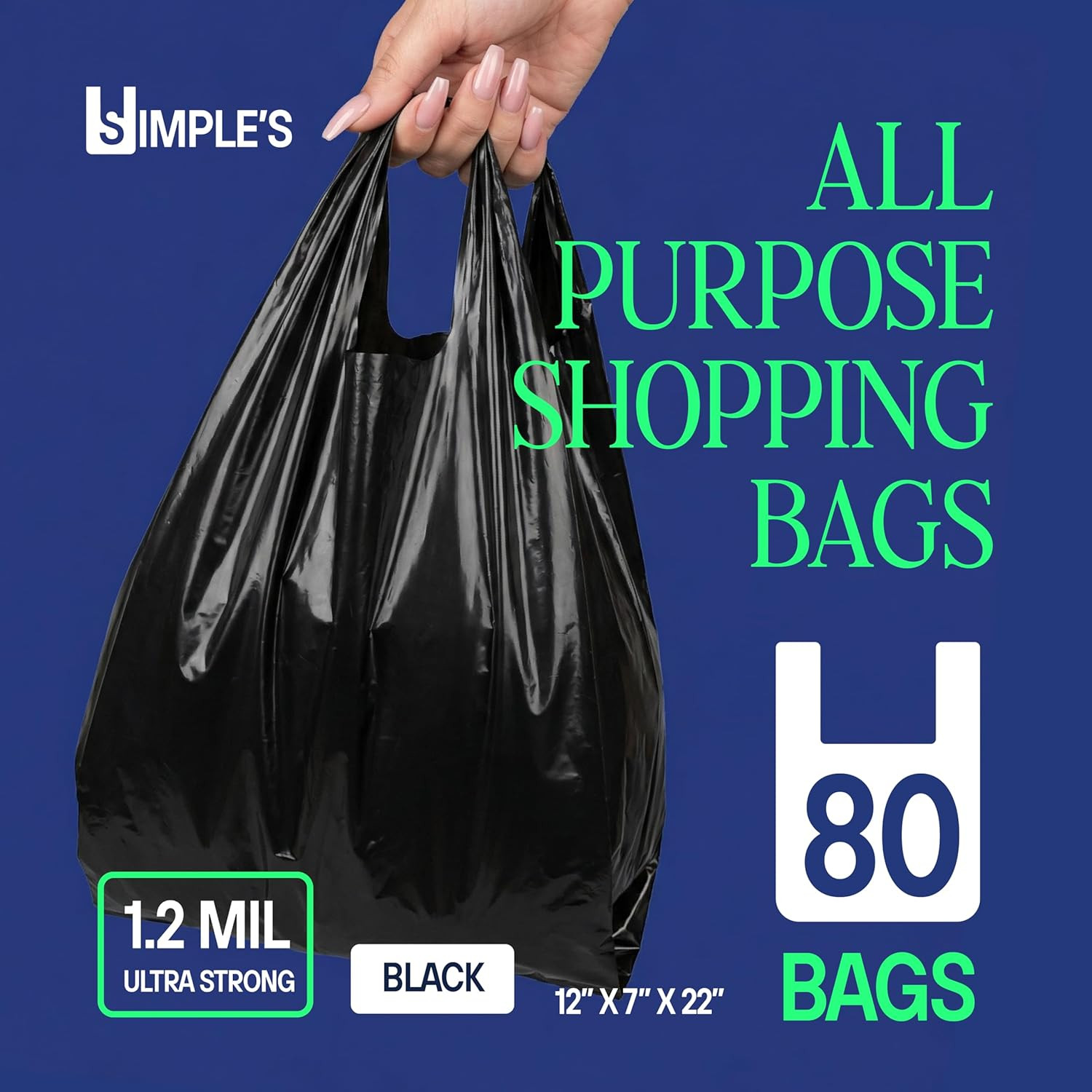 Black Plastic T-Shirt Bags with Handles – 80 Count – 12″X7″X22″ – 1.2 Mil – Groc