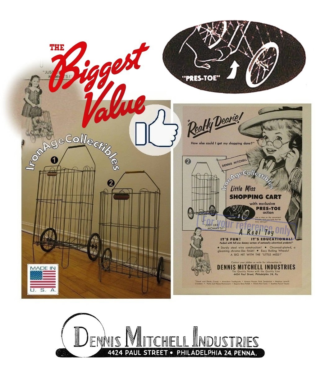 1940s Folding Metal Shopping Carts, Child’s & Adult Size Wire Basket Collapsible