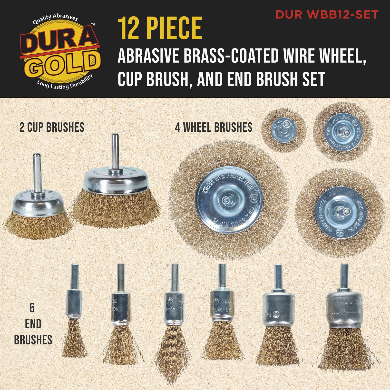 12-Piece Abrasive Brass-Coated Wire Wheel, Cup & End Brush Set, 1/4″ Drill Shank