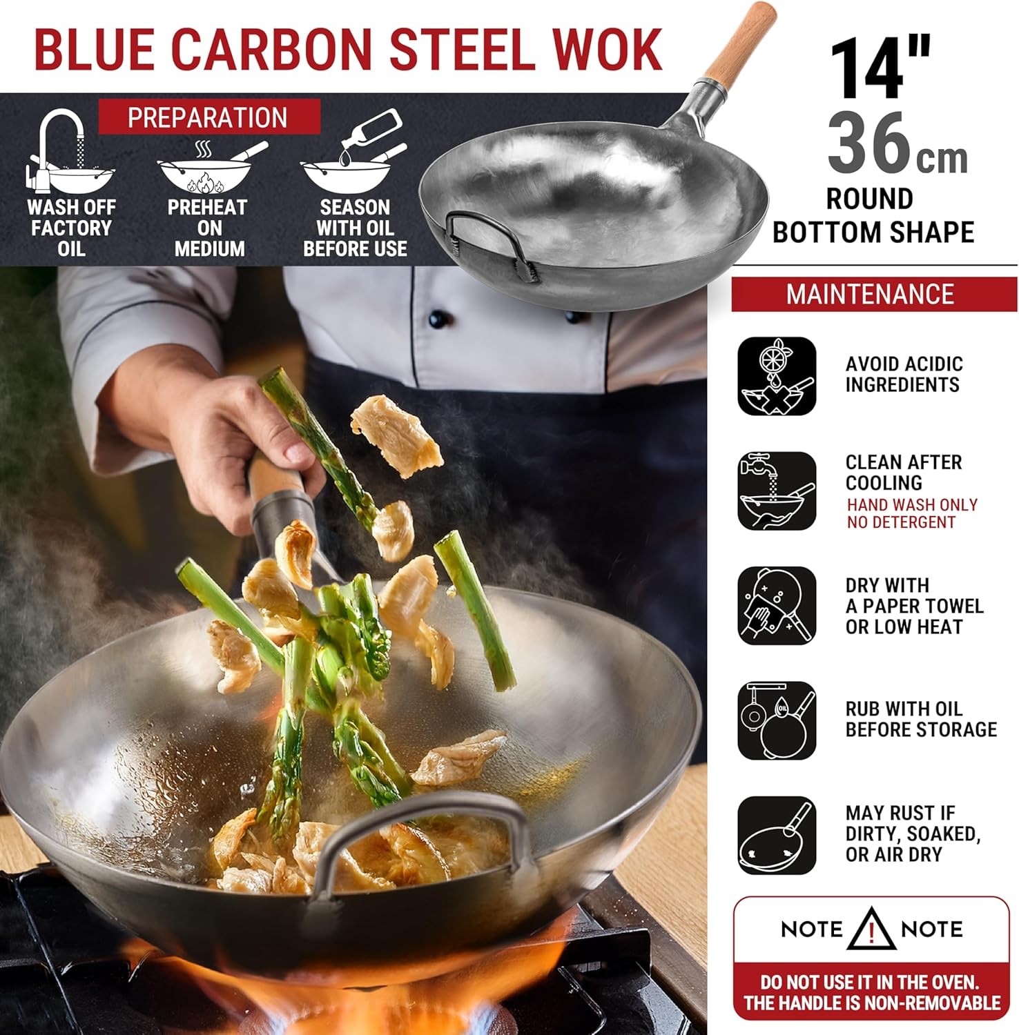 14” Round Bottom Carbon Steel Woks & Stir Fry Pans –Unseasoned Pow Wok for Stir