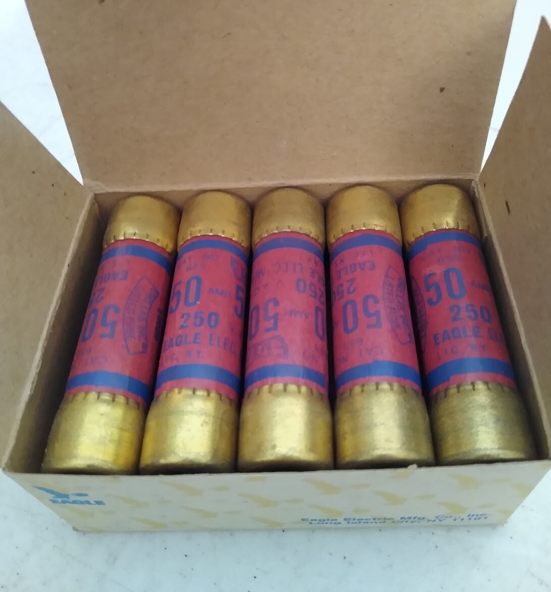 EAGLE ELECTRIC No. 655 50 AMP NON-RENEWABLE CARTRIDGE FUSES, 250V, 10-PACK, NOS