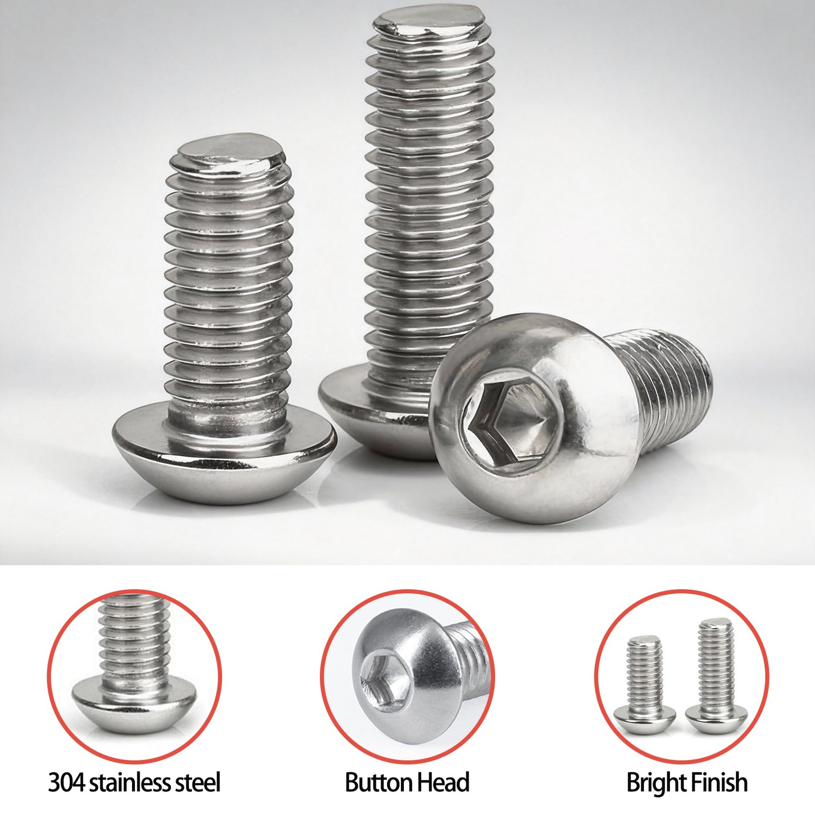 1/4-20X1/2 Button Head Socket Cap Screws, 304 Stainless 1/4-20X1/2, Silver