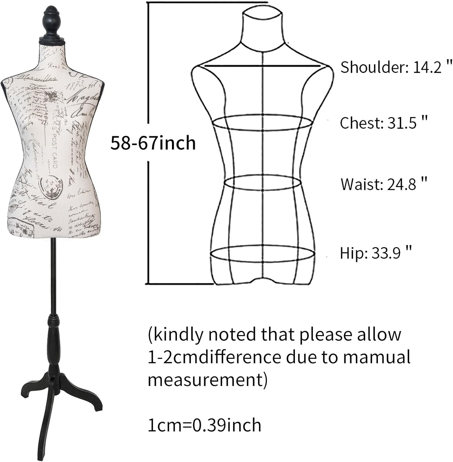 Female Mannequin Torso with Plastic Tripod Base Stand 58″-67″ Adjustable Height