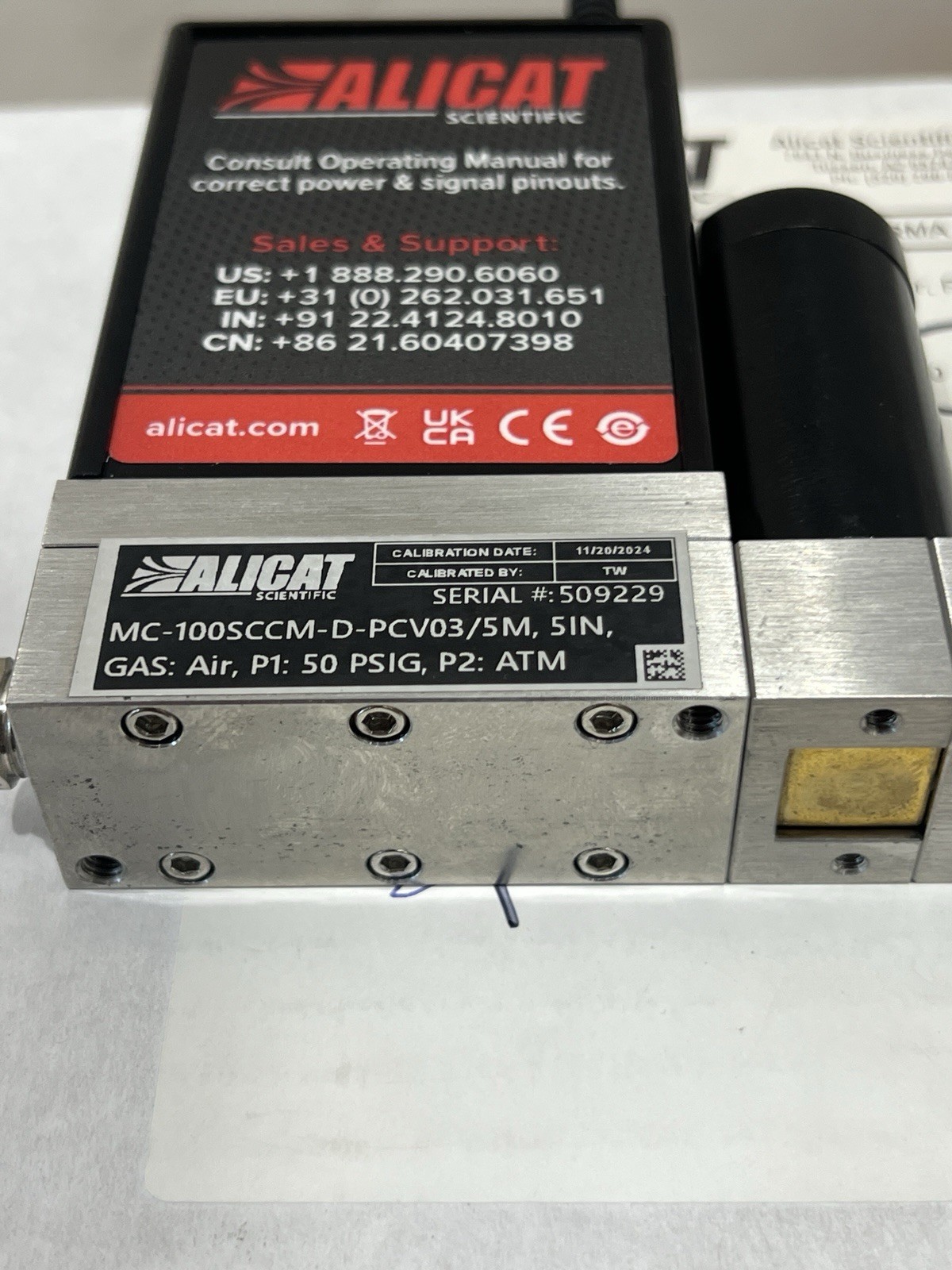 Alicat Scientific Digital MC-100SCCM-D-PCV03/5M Air Pneumatic Flow Control Meter