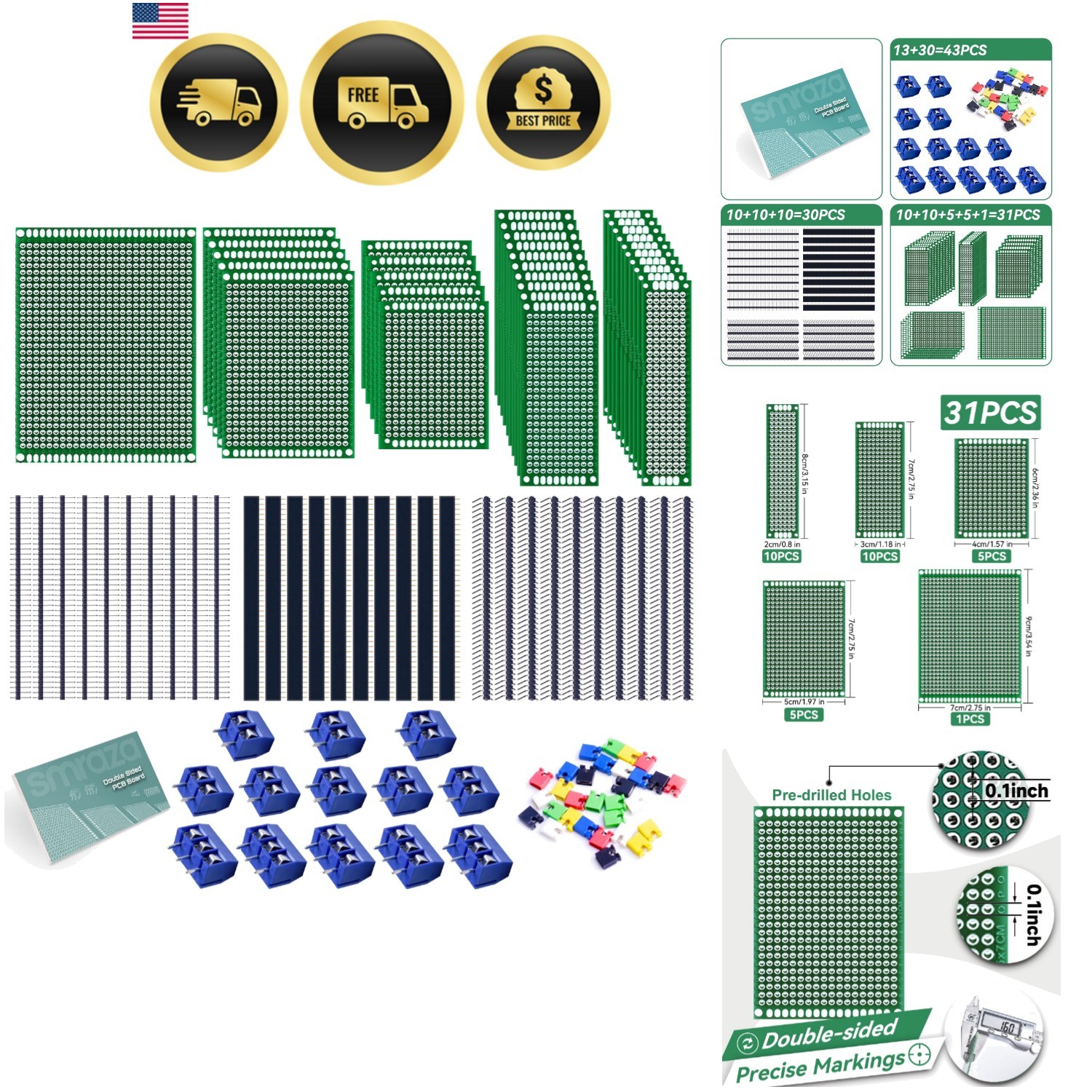104pcs Double Sided PCB Board Kit, Prototype Boards for DIY Soldering and Ele…