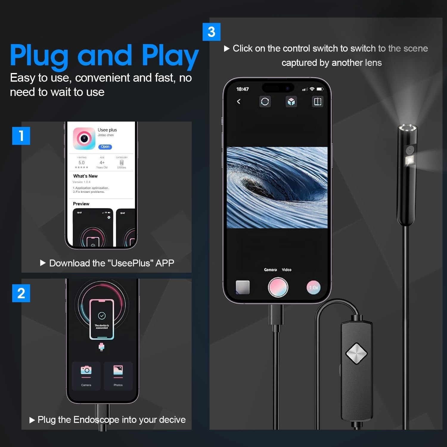 Endoscope with Light, 1920P HD Borescope with 8 Adjustable LED Lights, Semi-Rigi