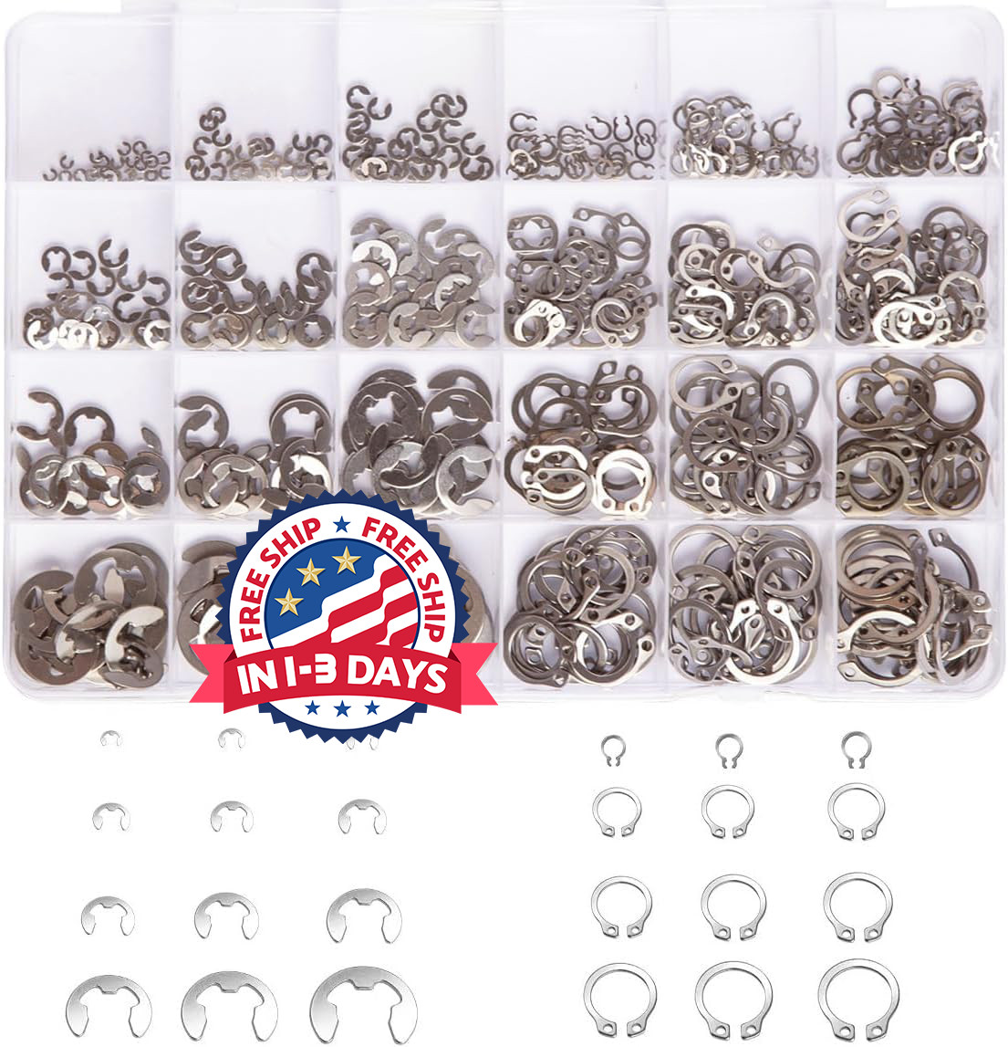 327Pcs Stainless Steel E-Clip Circlip Kit Retaining Ring Assortment Set 24 Sizes