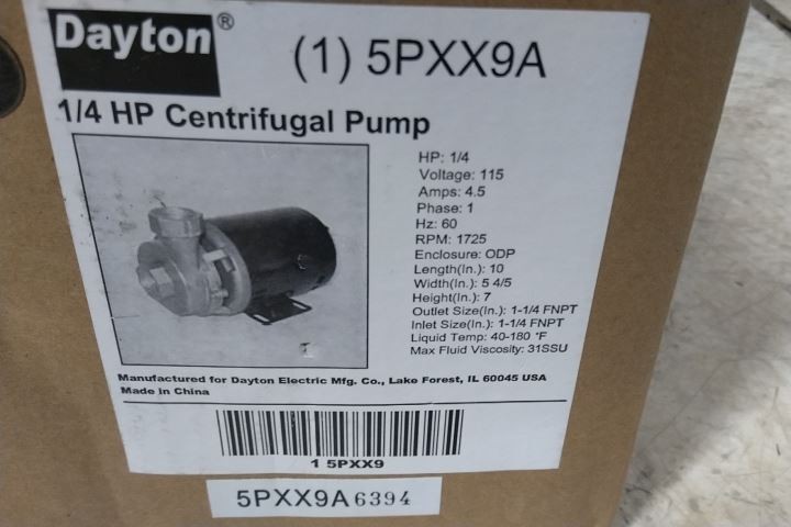 Dayton 5PXX9 1/4 HP 1725 Max RPM 115VAC 11 Ft Max Head Centrifugal Pump
