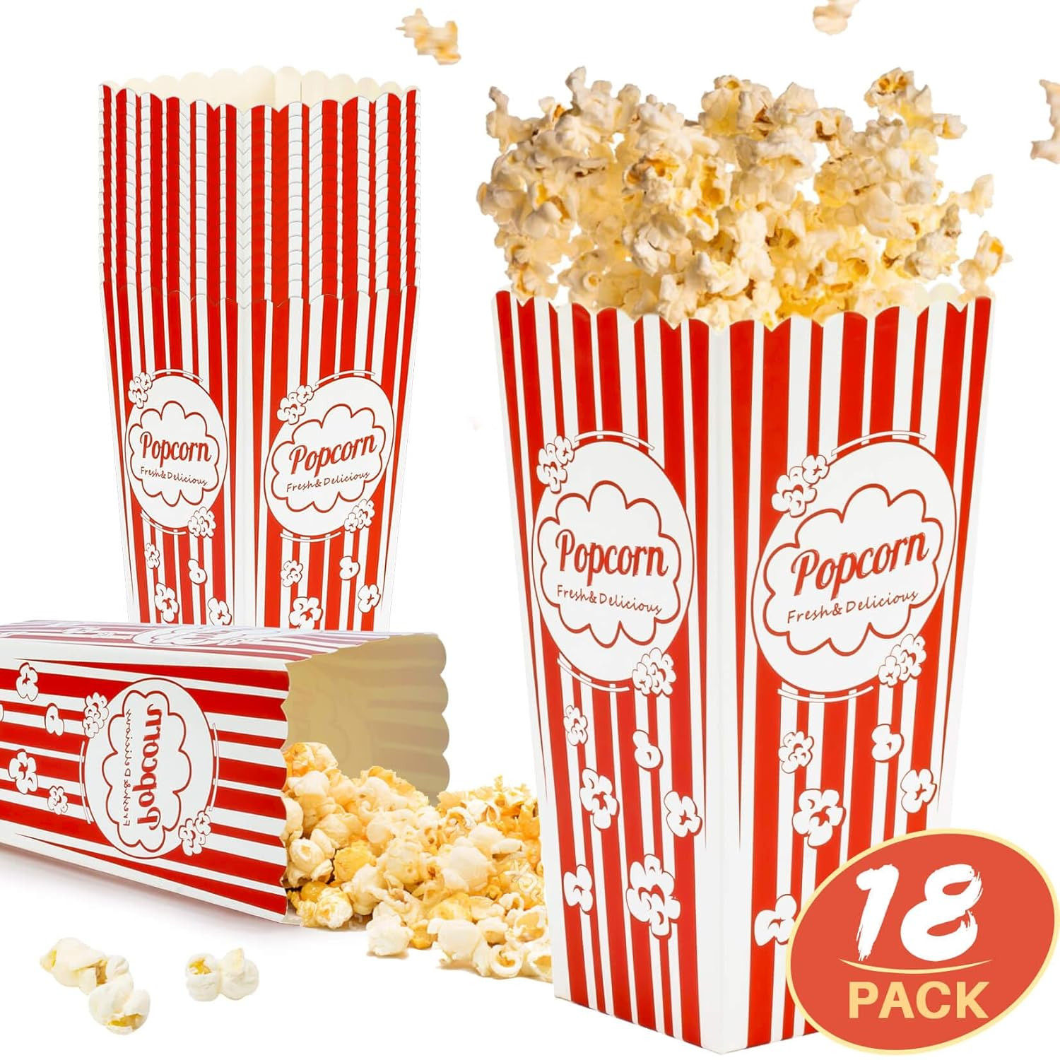 18 Pack Popcorn Boxes Disposable 46oz Red White Striped Cardboard Snack Holder