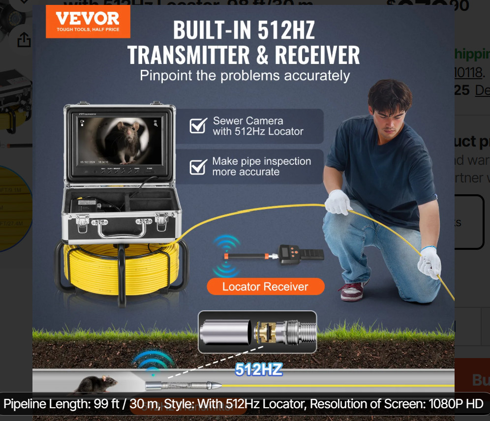 VEVOR Sewer Camera with 512Hz Locator, 98 ft/30 m (Open Box)