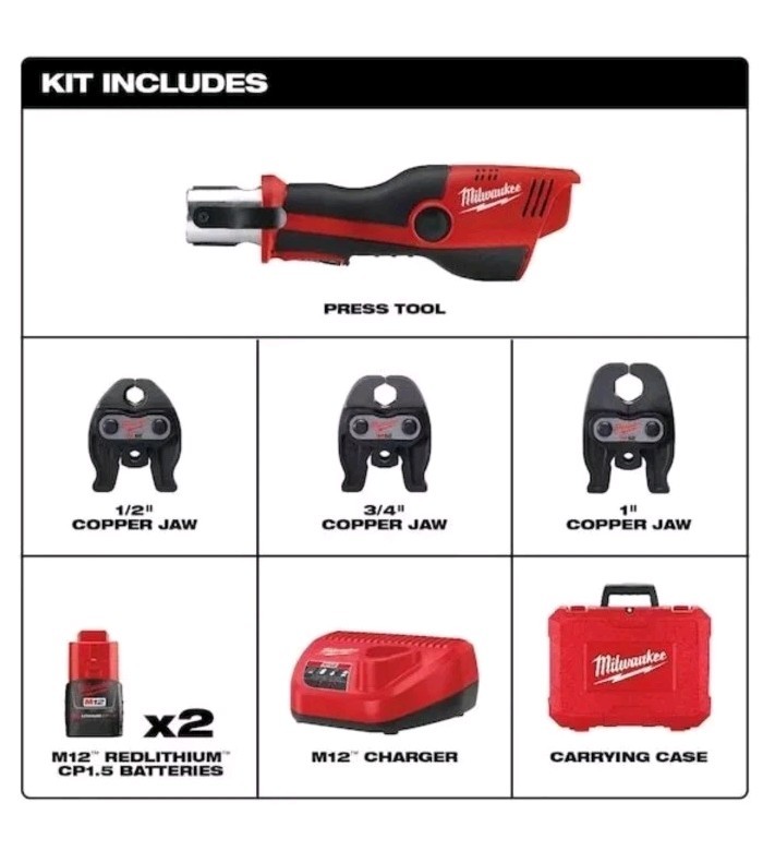 Milwaukee Tool 2473-22 M12 Force Logic Press Tool Kit W/Jaws. New