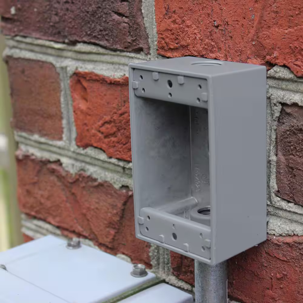 1-Gang Metal Weatherproof Electrical Outlet Box with (3) 1/2 Inch Holes, Gray
