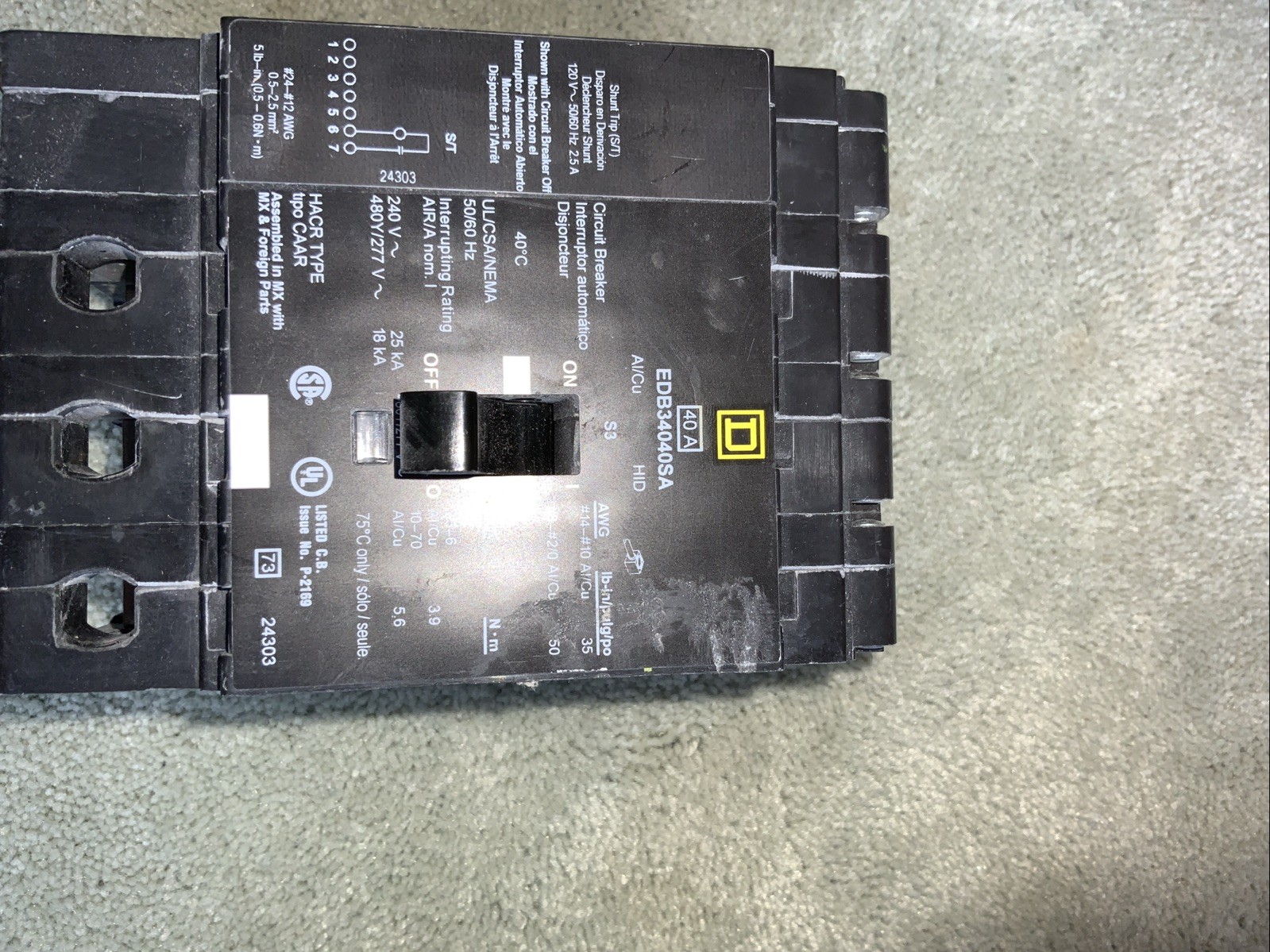 SQUARE D EDB34040SA 40A 3-POLE 480Y/277V E-FRAME SHUNT TRIP CIRCUIT BREAKER