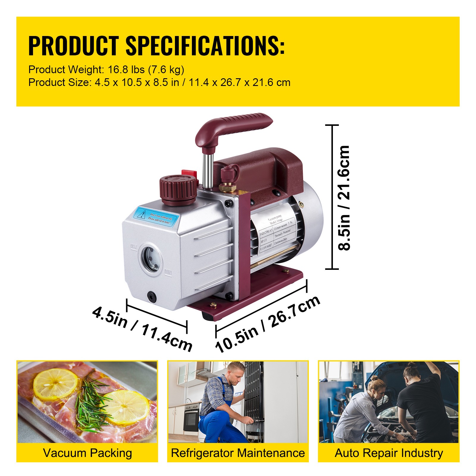 4.5CFM Vacuum Pump Rotary Vane 1/3HP 5 Pa 1-Stage Air Conditioning Fridge Model