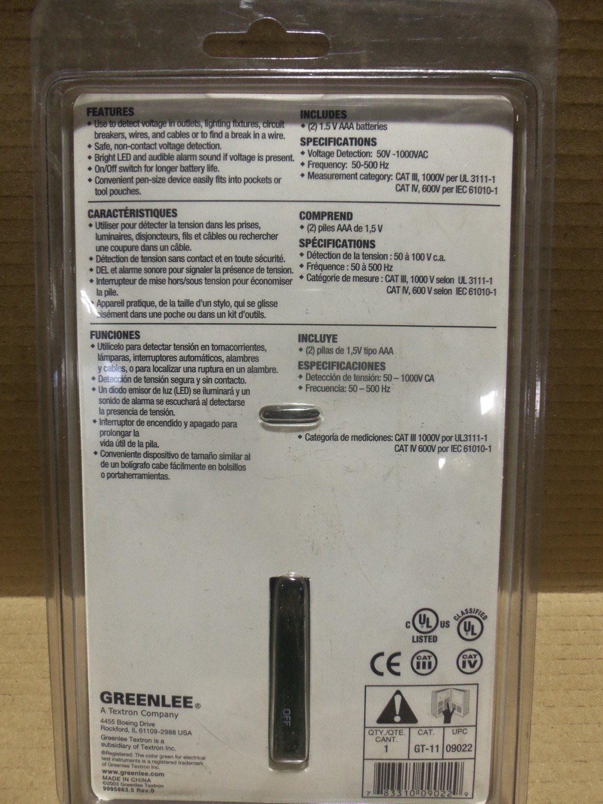 NEW GREENLEE GT-11 NON-CONTACT VOLTAGE DETECTOR CAT III 50 – 1000VAC 50-500HZ AK
