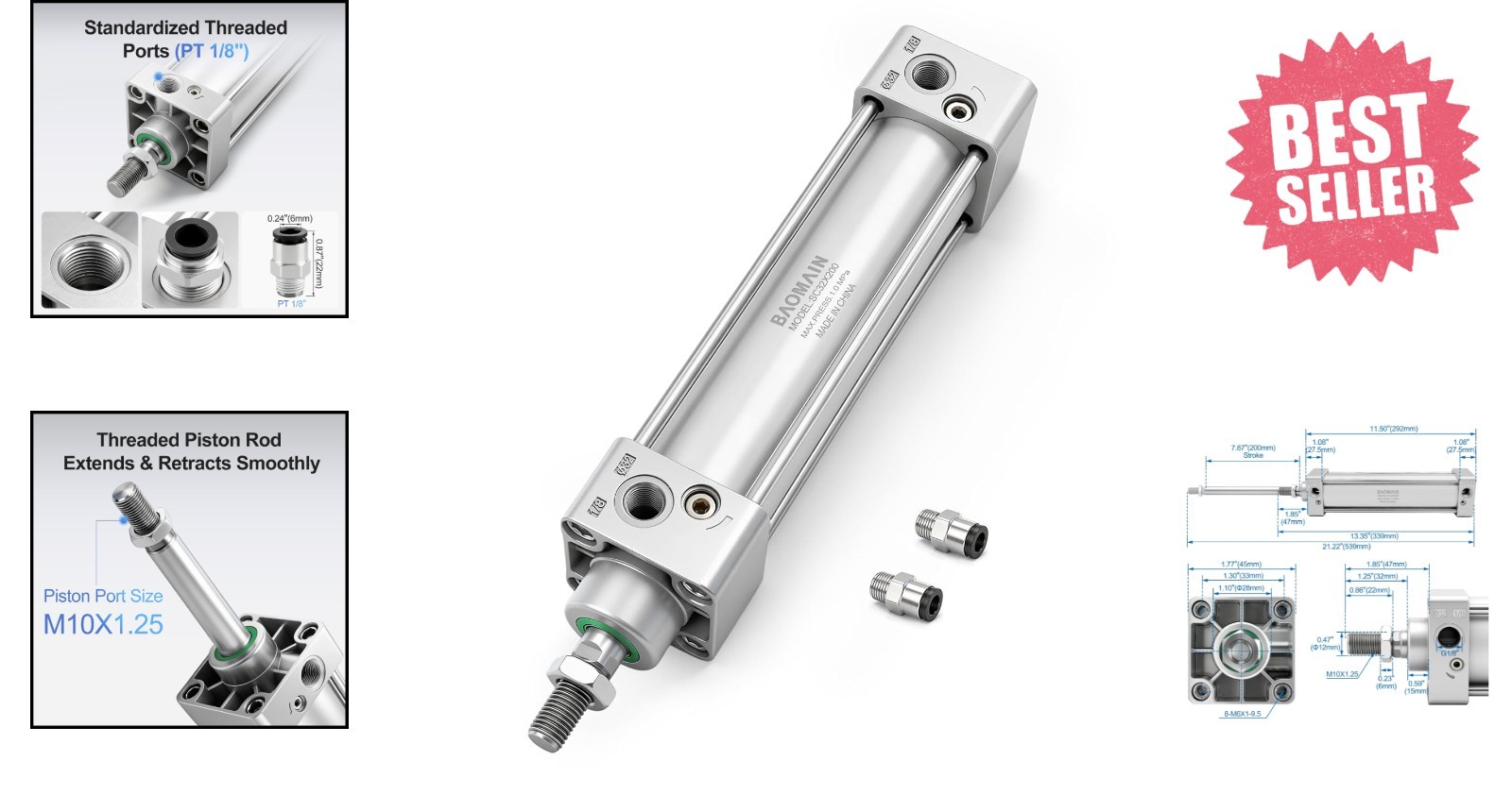 Robust Aluminum Alloy Pneumatic Cylinder – 1-1/4″ Bore, 7.87″ Stroke Efficiency