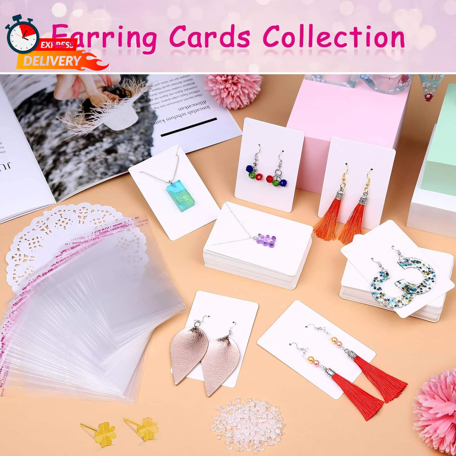 Anezus White Earring Packaging Kit – 400 Pcs with Display Cards, Self-Sealing Ba
