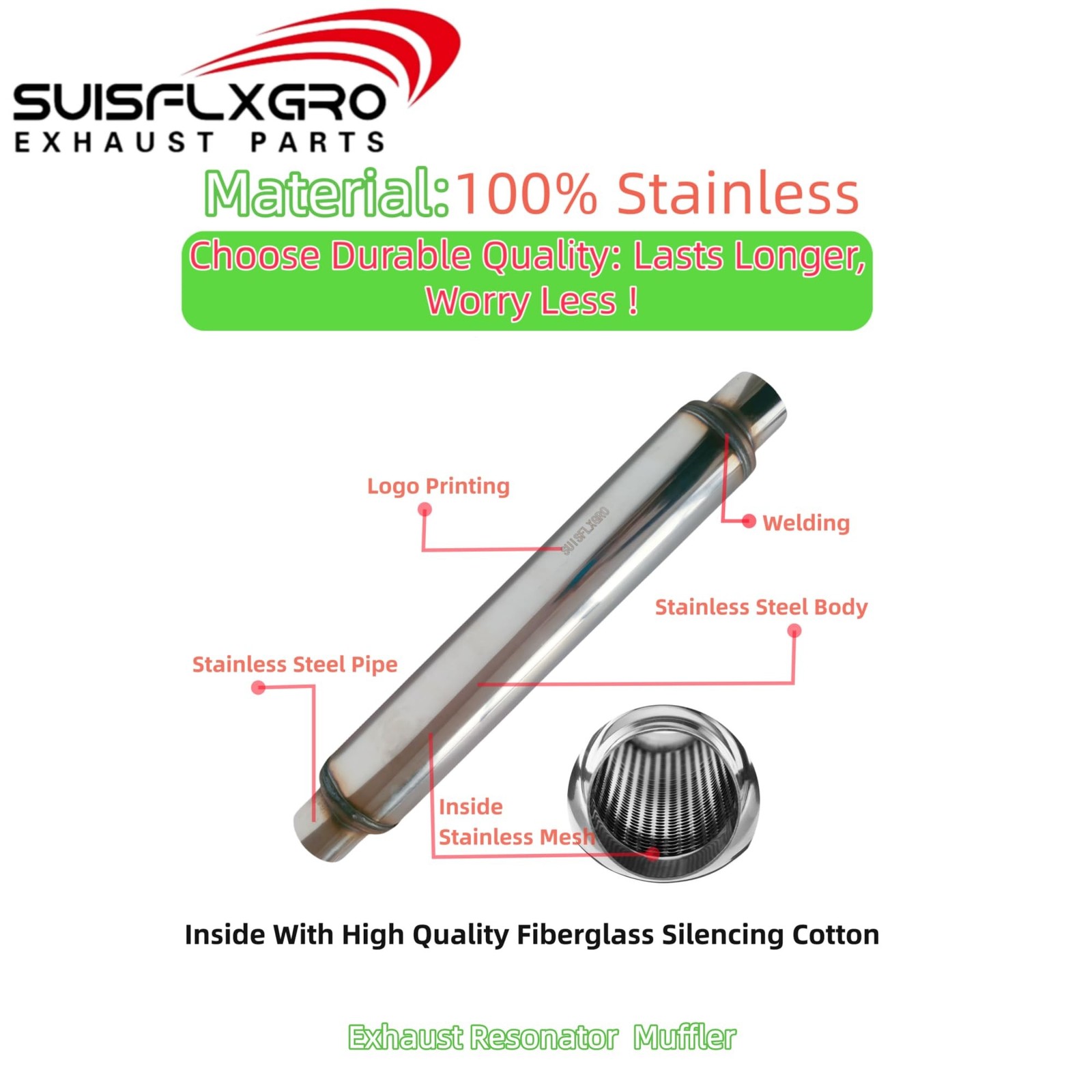 Exhaust Resonator, Straight Gasflow Design, Quiet and Deep Sound Muffler, Mad…