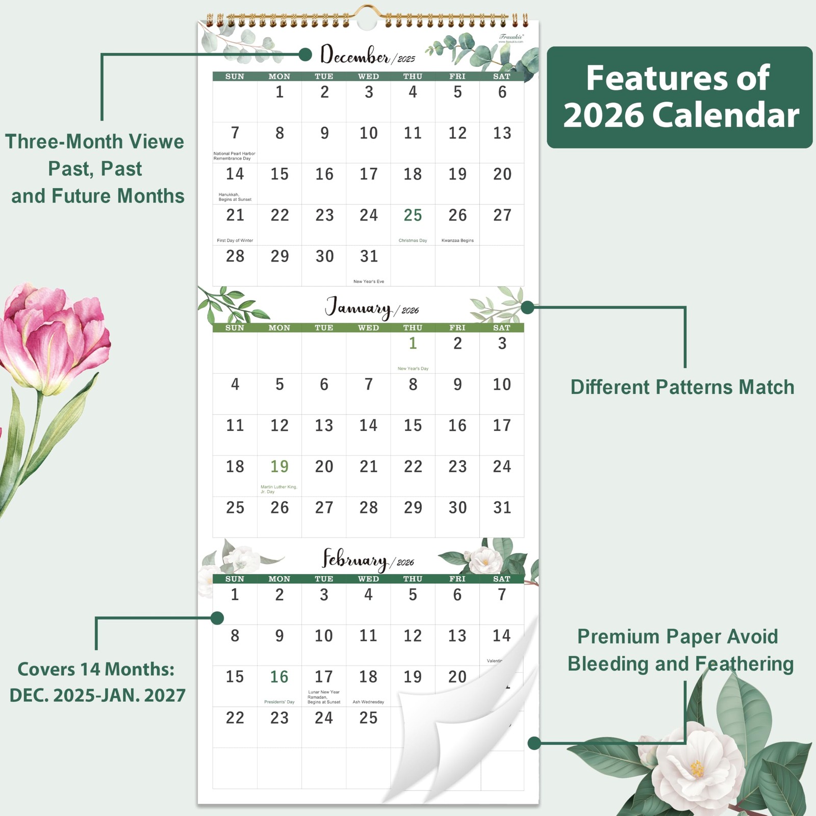2026 Calendar – 3 Month Display Wall 2026, Jan. 2026 – Dec. green