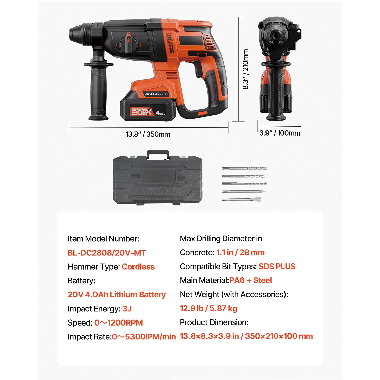 20V SDS-Plus Brushless Cordless Rotary Hammer Drill Kit 1.1 In 1200RPM 4Function