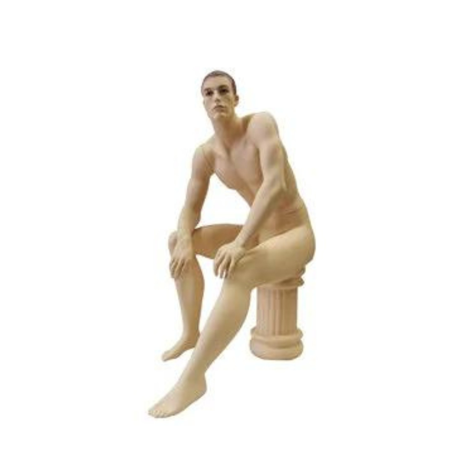 Realistic Face Adult Male Seated Fiberglass Mannequin with Molded Hair + Stool