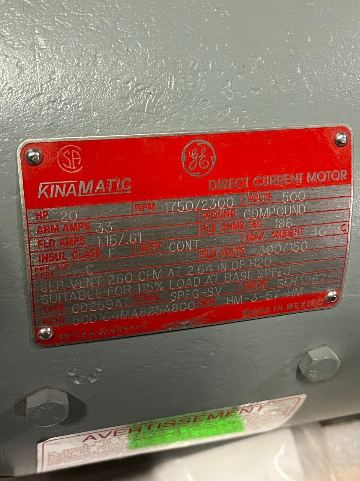 GE KINAMATIC DC 20HP LOW VOLTAGE ELECTRIC MOTOR