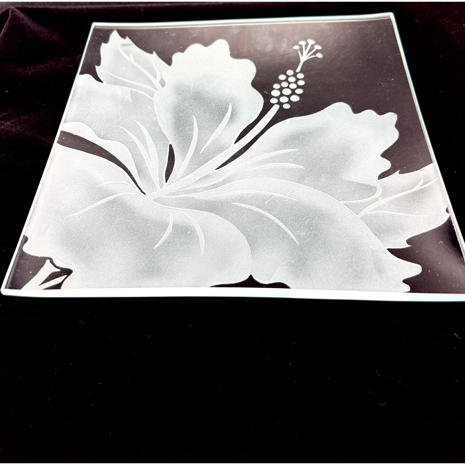 Frosted Glass Hibiscus Flower Square Decorative Tray Etched Clear Glass 7.75in