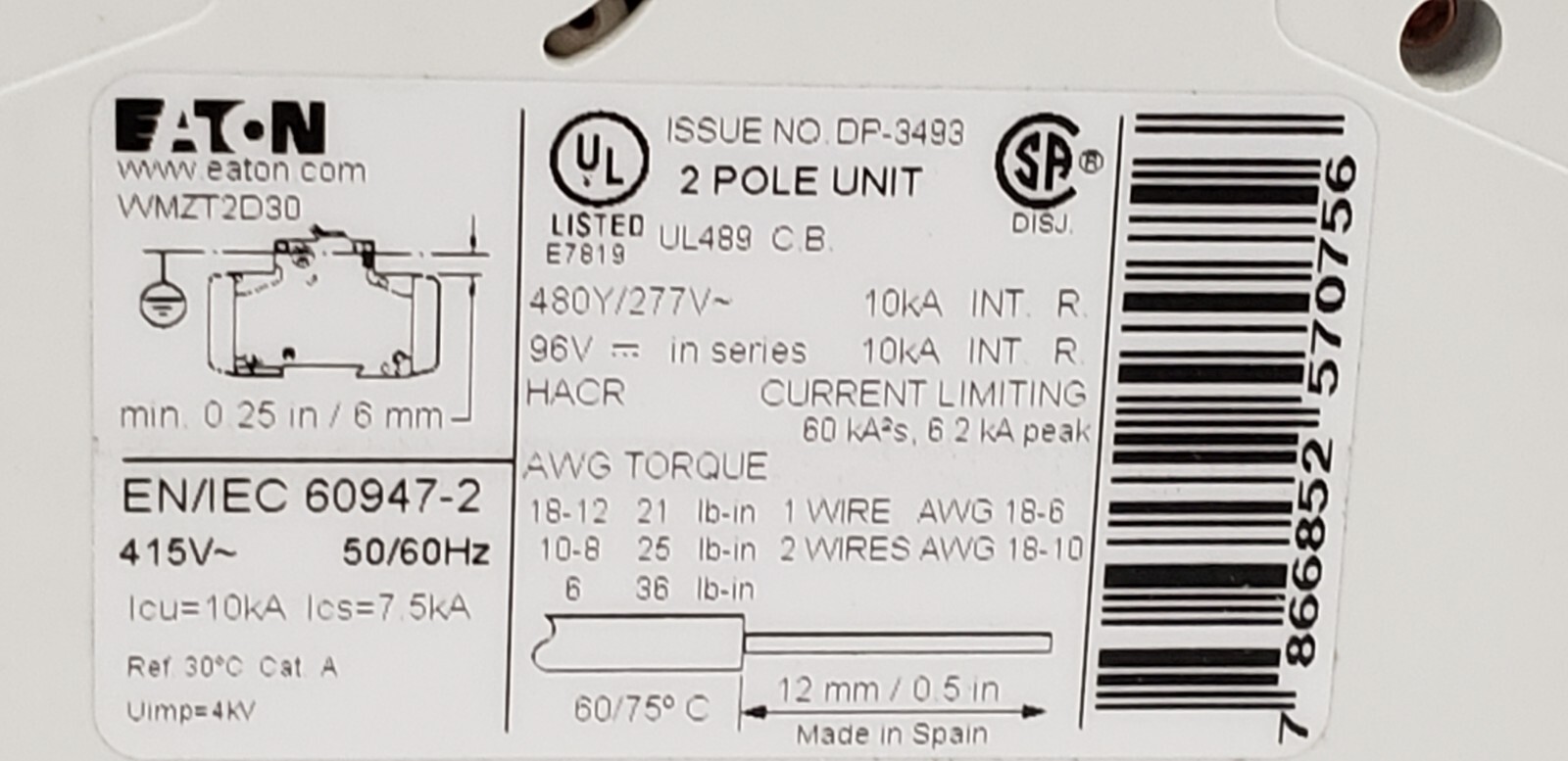 EATON WMZT2D30 (FAZ-D30-2-NA) CIRCUIT BREAKER, 2P 30A 10kA 480Y/277V TYPE D, NIB