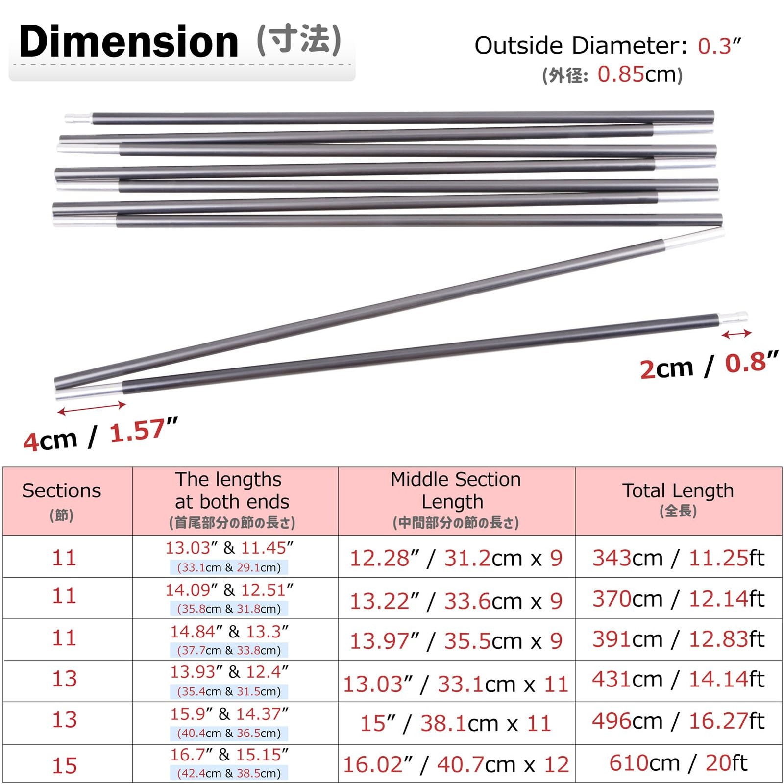 Aluminum Tent Poles Rod Replacement Lightweight Tent Repair Kit 7001 Series