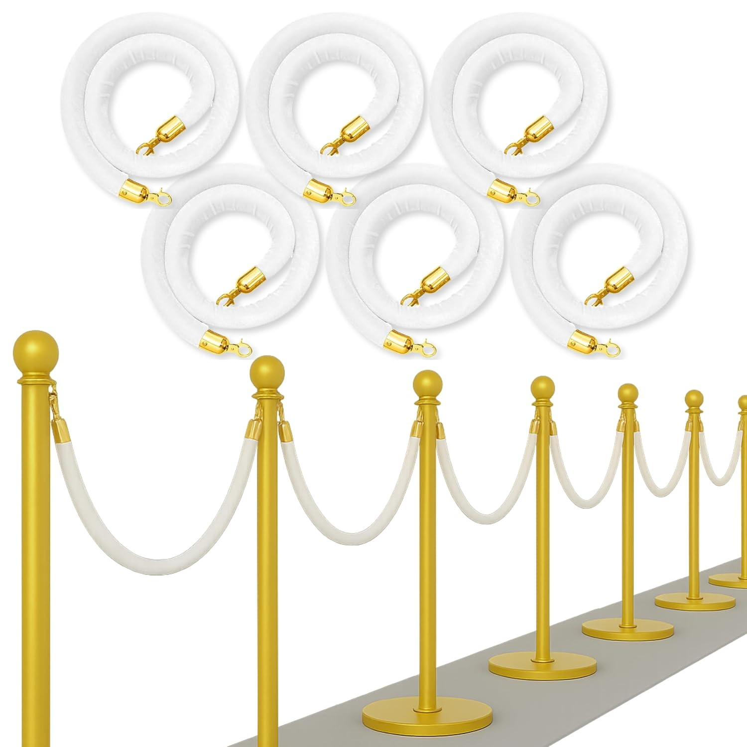 6PCS White Velvet Rope – 5FT Elegant Rope for Stanchion Barrier VIP Events Crowd