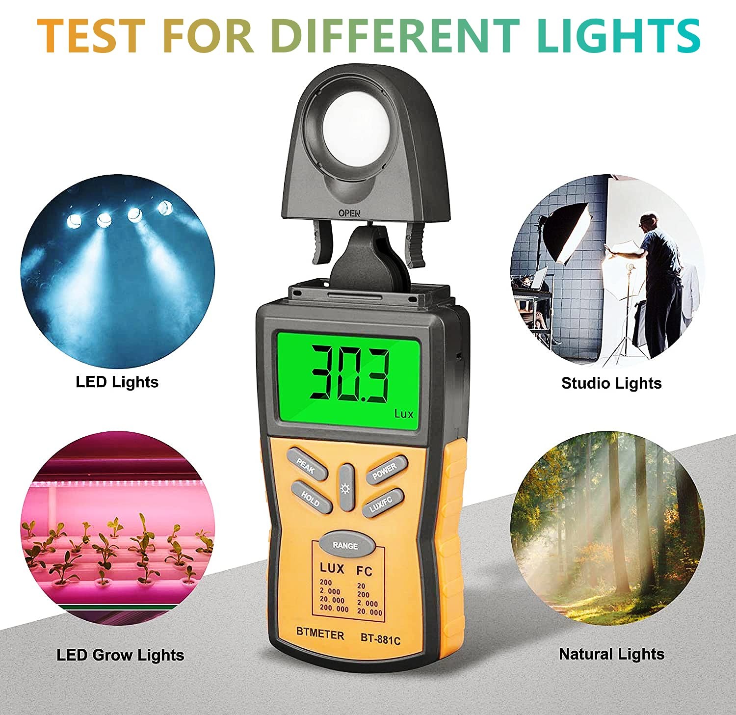 1 Pack BT-881C Digital Light Meter, 0.1-200000 Lux, Lumen, FC, Photometer