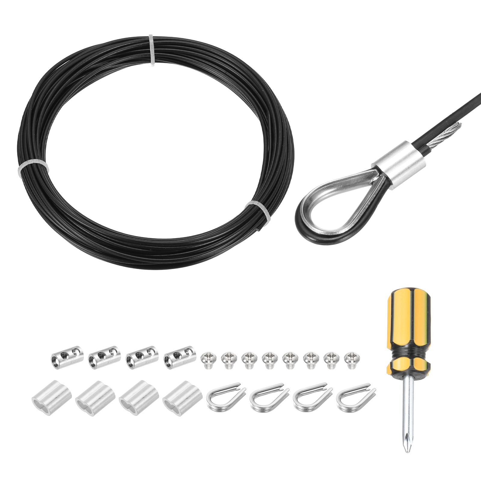 33Ft(10M) Wire Rope Stainless Steel Cable 1/8″ Clamp, Sleeves & Thimble Black