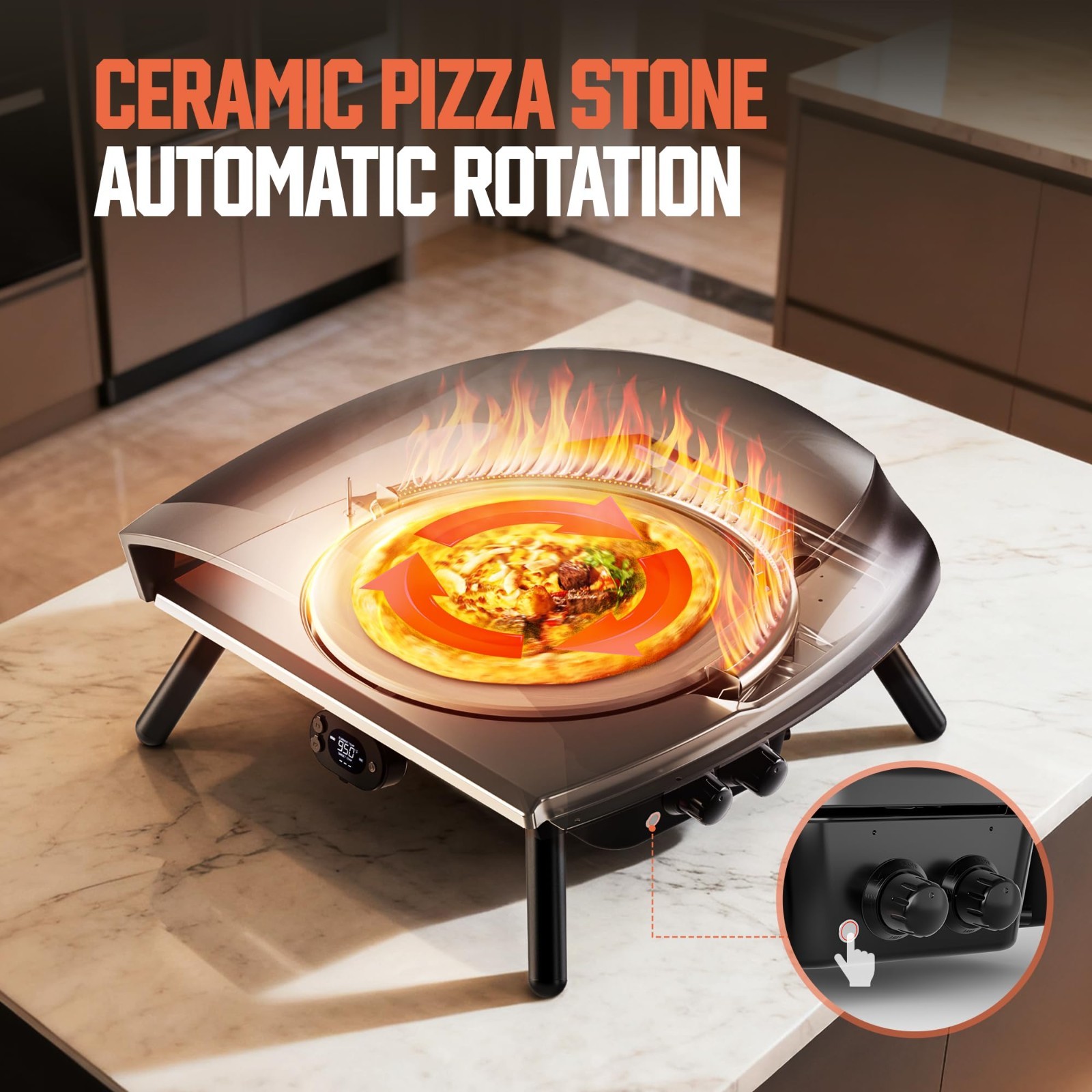 BIG HORN 16″ Propane Pizza Oven with Rotating Stone, Thermometer & Peel