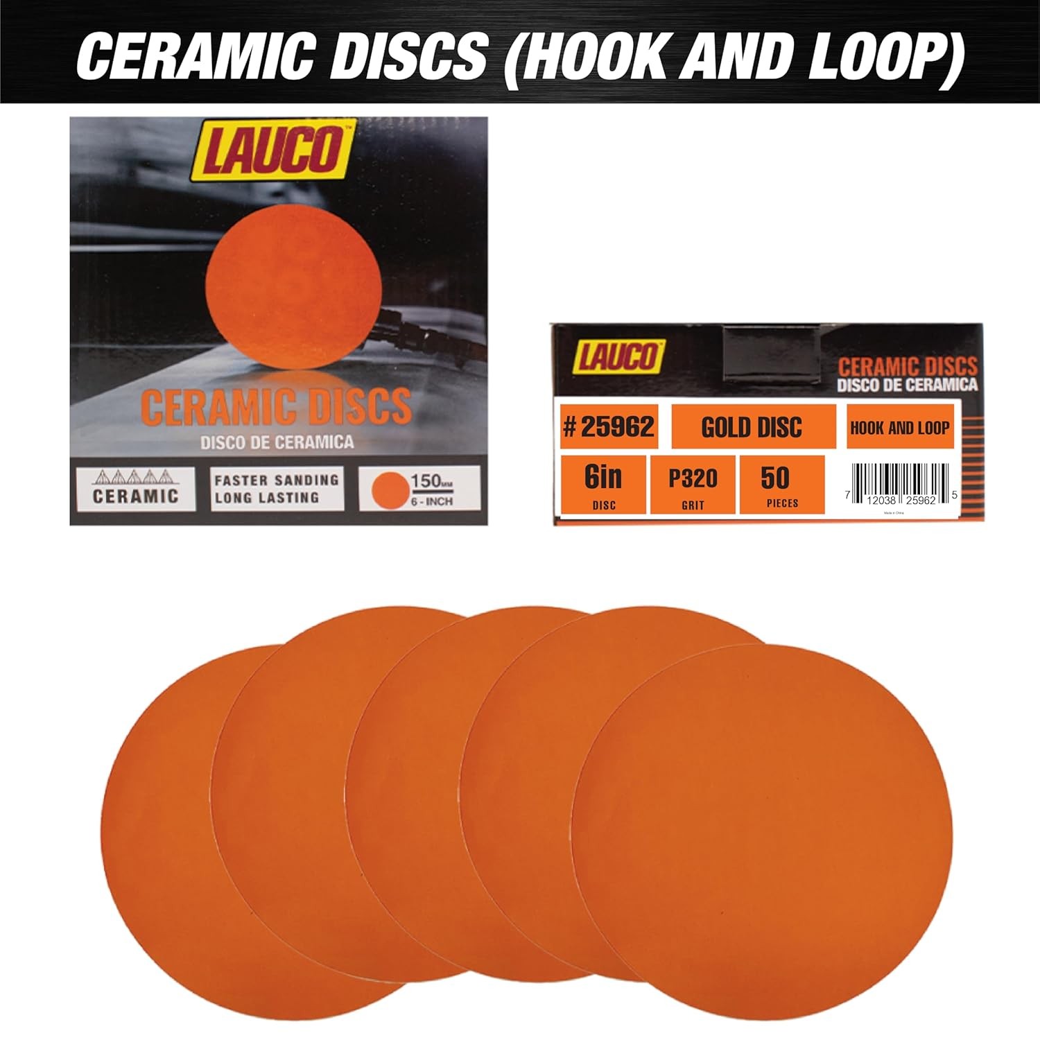 Premium 6″ Hook and Loop Sanding Ceramic Discs (Box of 50) – (GRIT-320) 25962